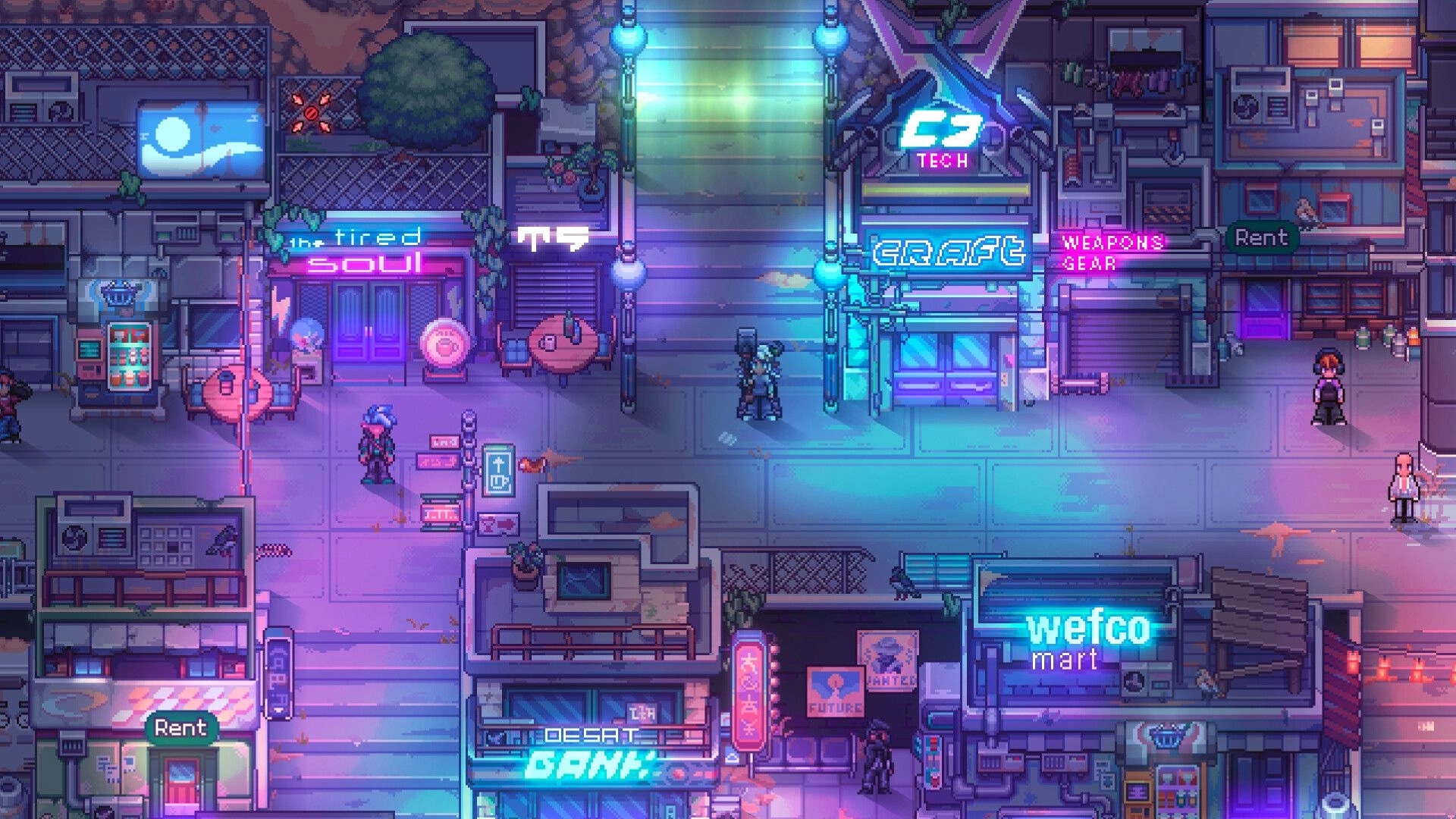 Soulbound: Player stands by neon Graft shop and street signs in a rainy cyberpunk city block.