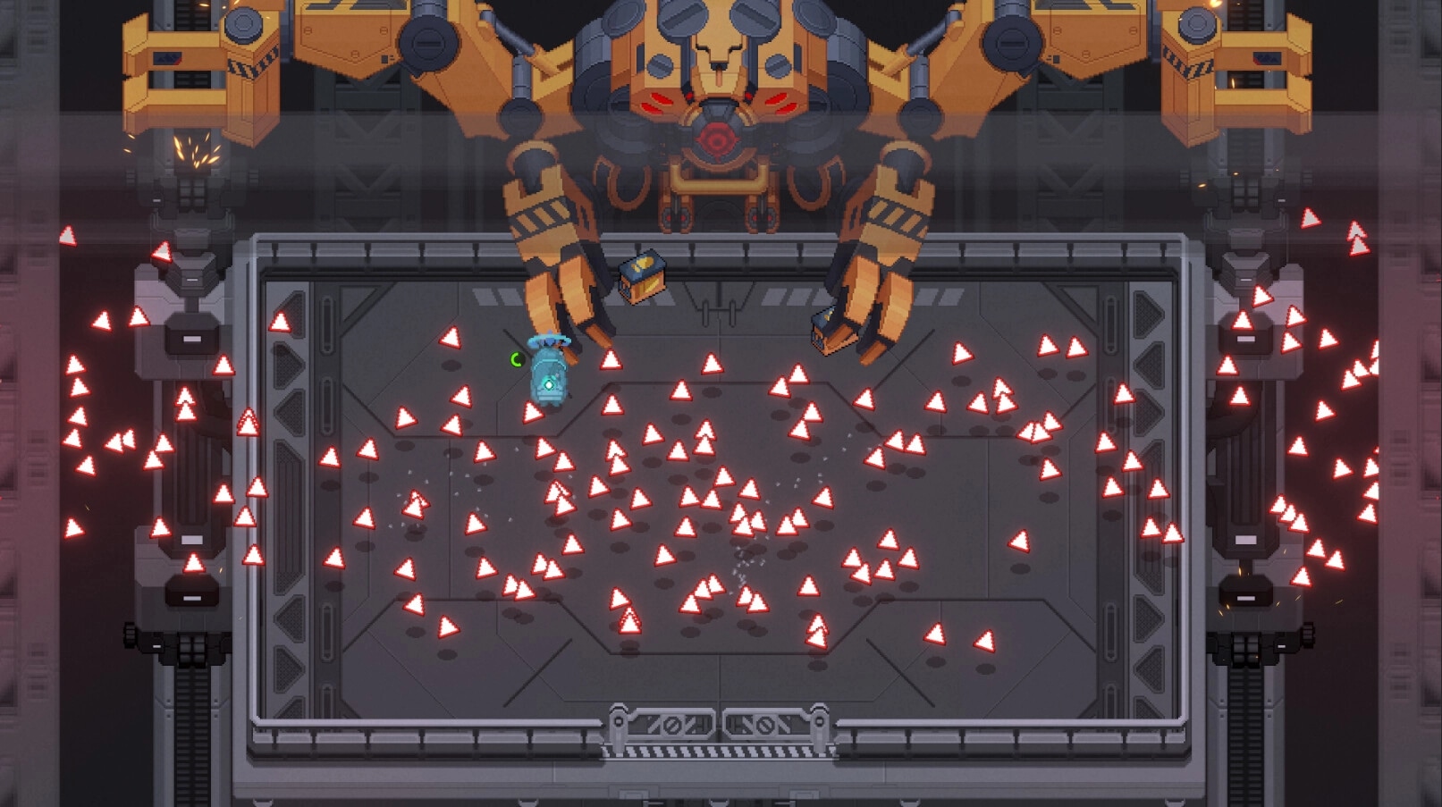 Soulers: Machina dodges red projectiles from a giant robotic boss in an industrial arena.