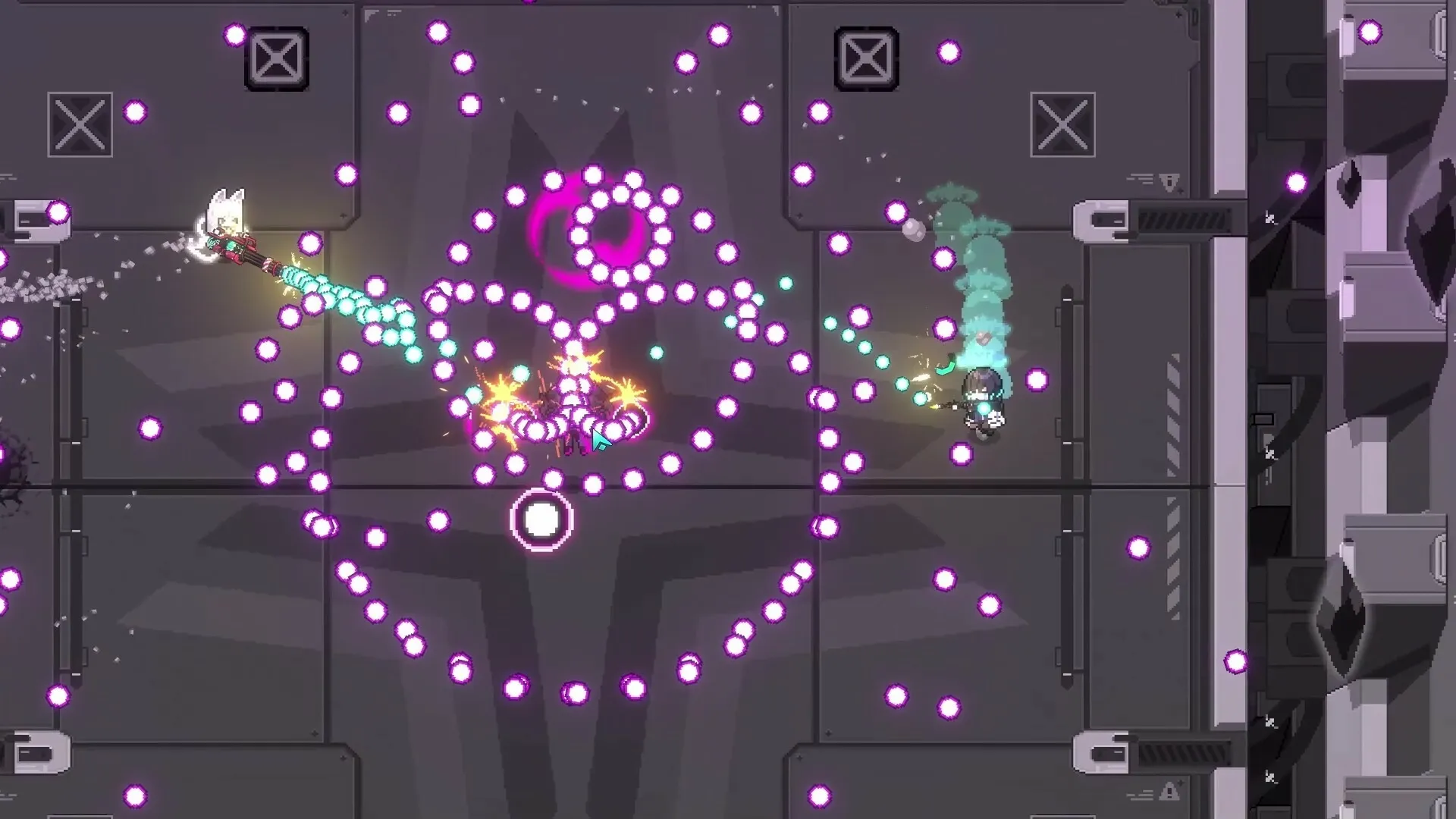 Soulers: Intense bullet hell combat with vibrant projectiles in a futuristic spaceship interior