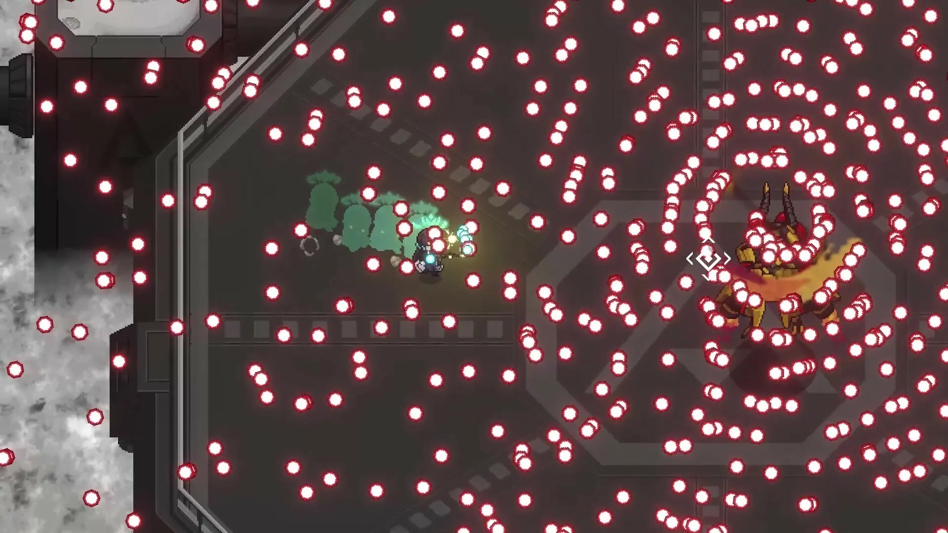 Soulers: Intense bullet hell scene with Machina dodging red projectiles in a dark industrial arena