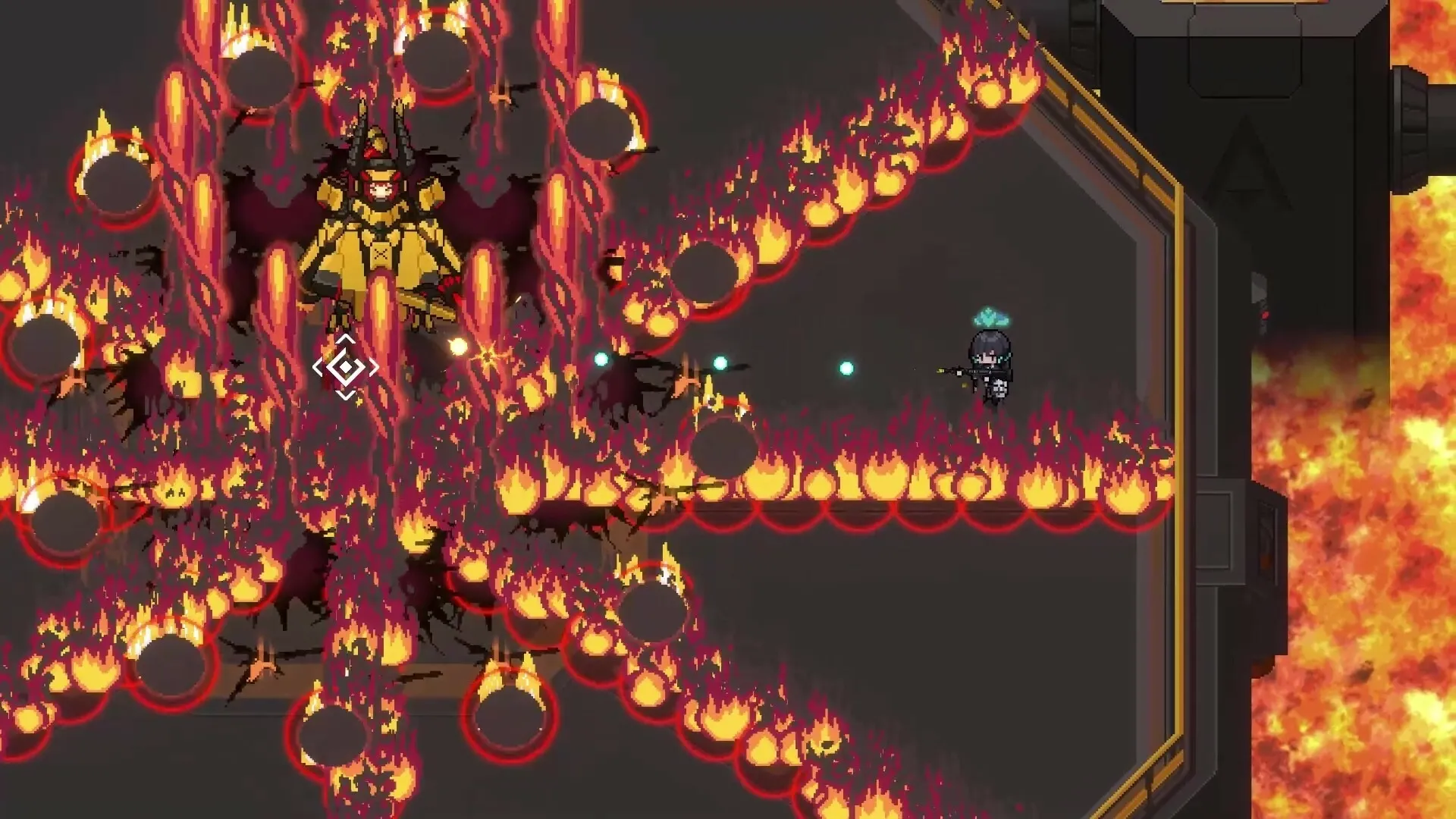 Soulers: Machina dodges fiery projectiles in a bullet hell boss fight within a futuristic arena.