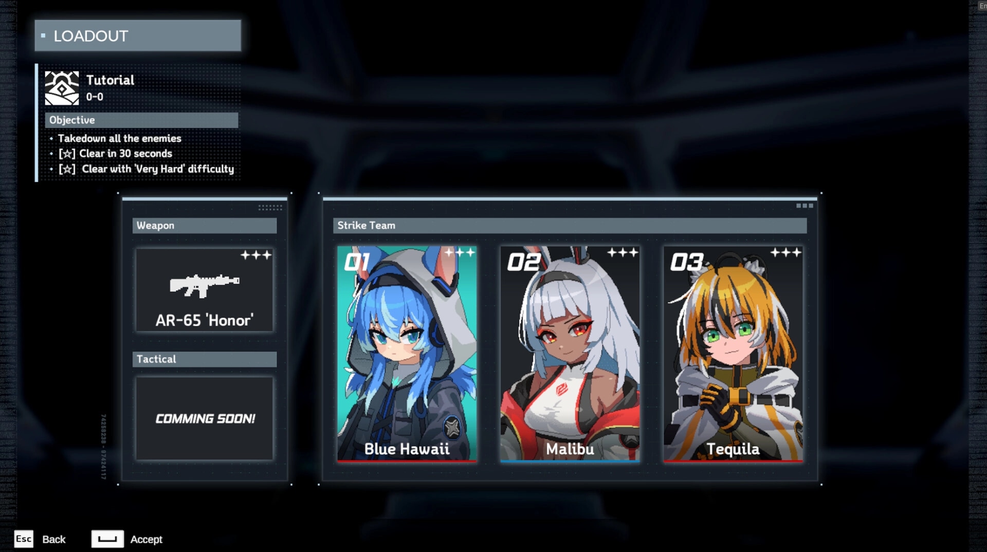 Soulers: Loadout screen showing strike team members Blue Hawaii, Malibu, Tequila with AR-65 weapon