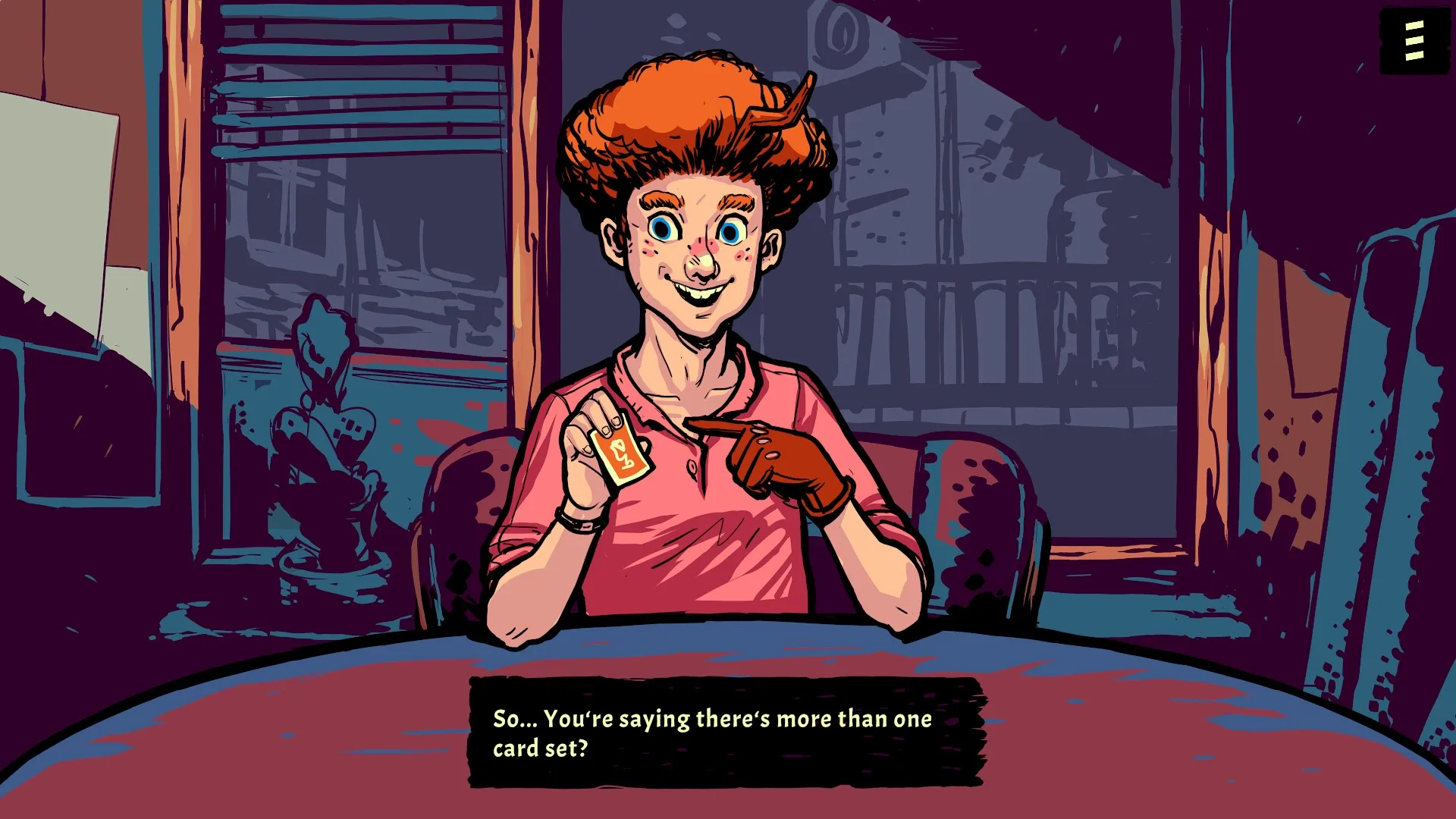 Soulitaire: Character holding a card in cozy cafe setting with dialogue box at the bottom