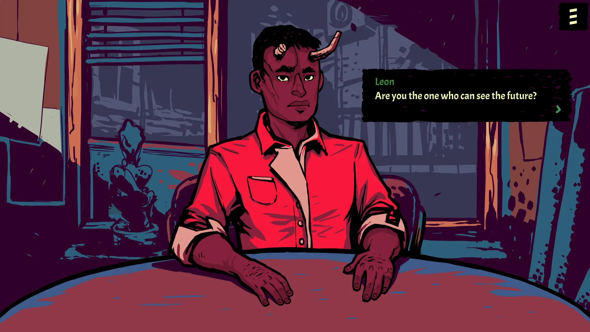 Soulitaire: Leon sits at a table in a cozy cafe, asking about future-seeing abilities.