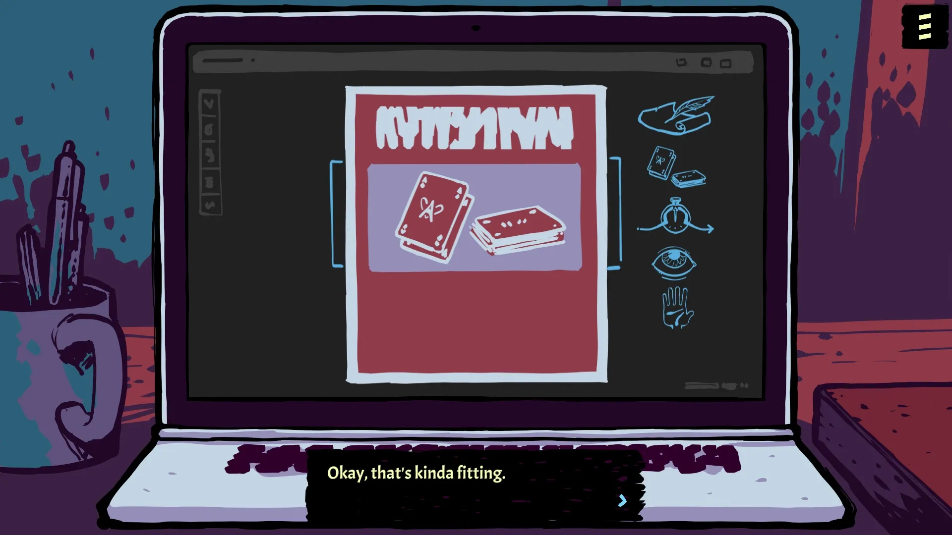 Soulitaire: Laptop screen with card designs and mystical icons in a cozy fortune-telling cafe setting.