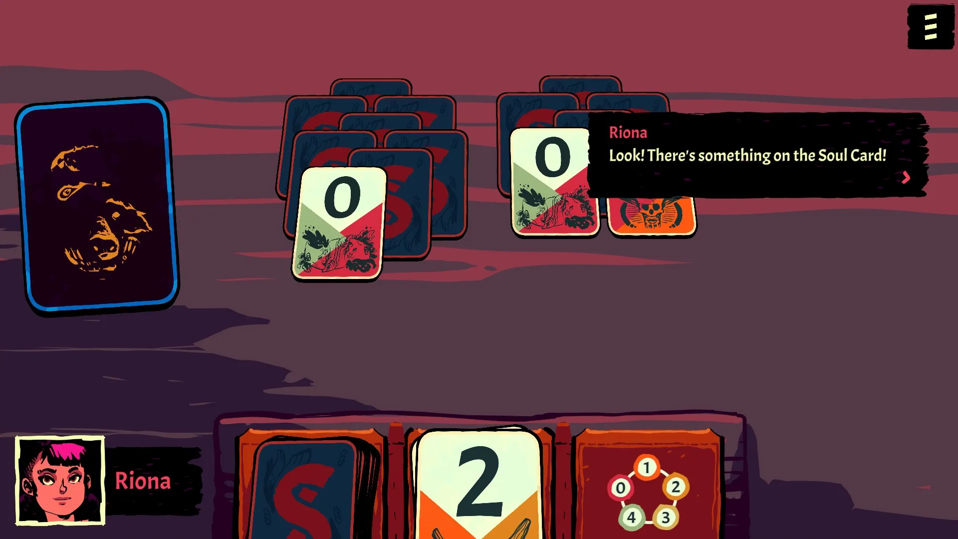 Soulitaire: Riona examines tarot cards with numbers and symbols in a mystical fortune-telling setting