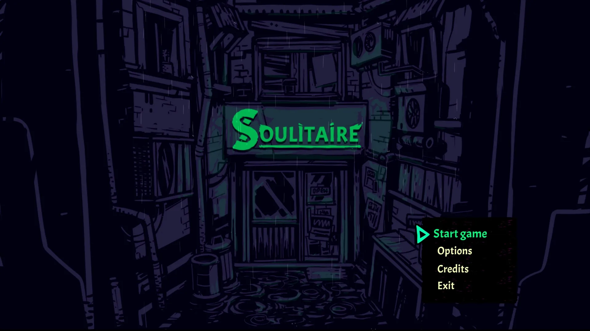 Soulitaire: Main menu with a neon sign above a cozy cafe entrance in a rainy alley setting