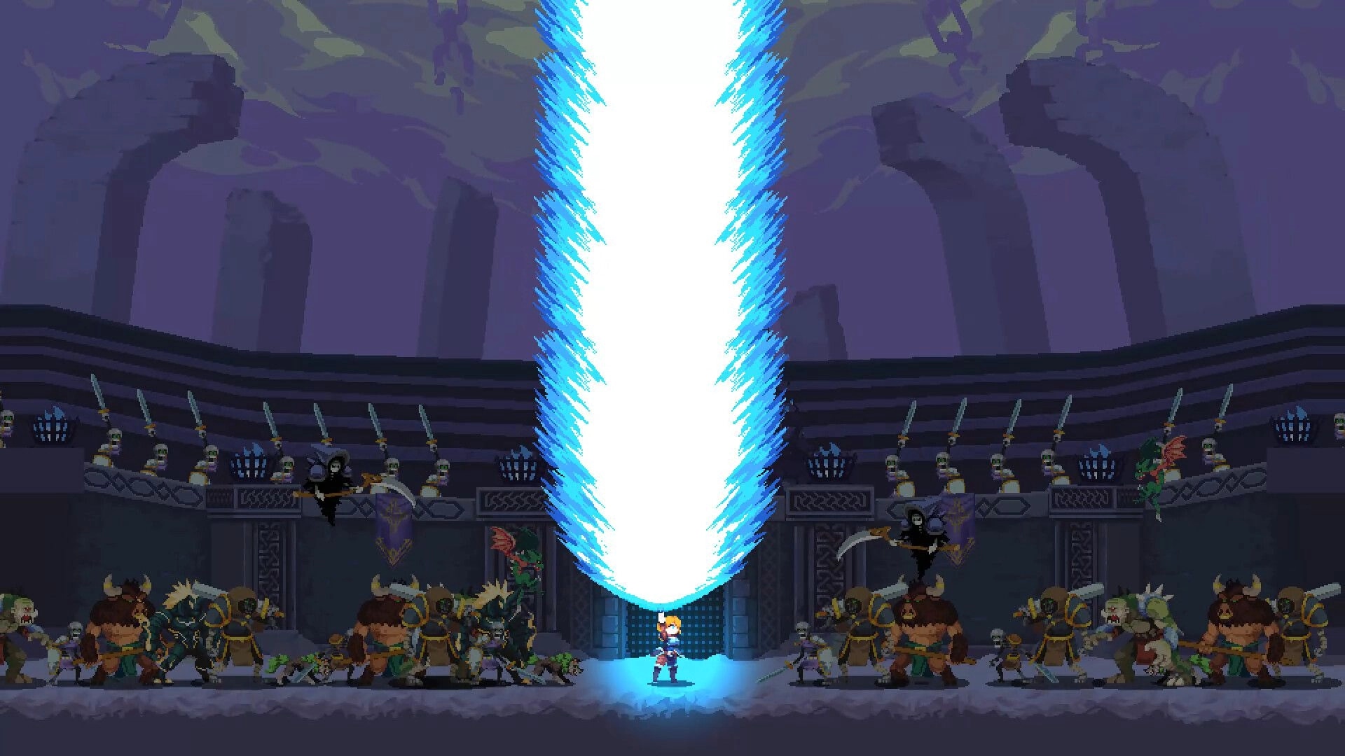 SoulQuest: Hero unleashes energy beam in ancient coliseum surrounded by enemies and skeletal warriors
