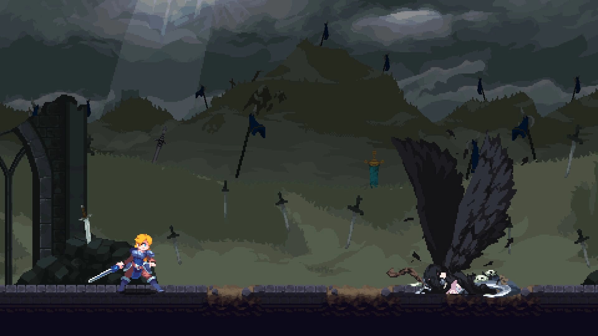SoulQuest: Hero confronts dark winged creature on a battlefield littered with swords under stormy skies.