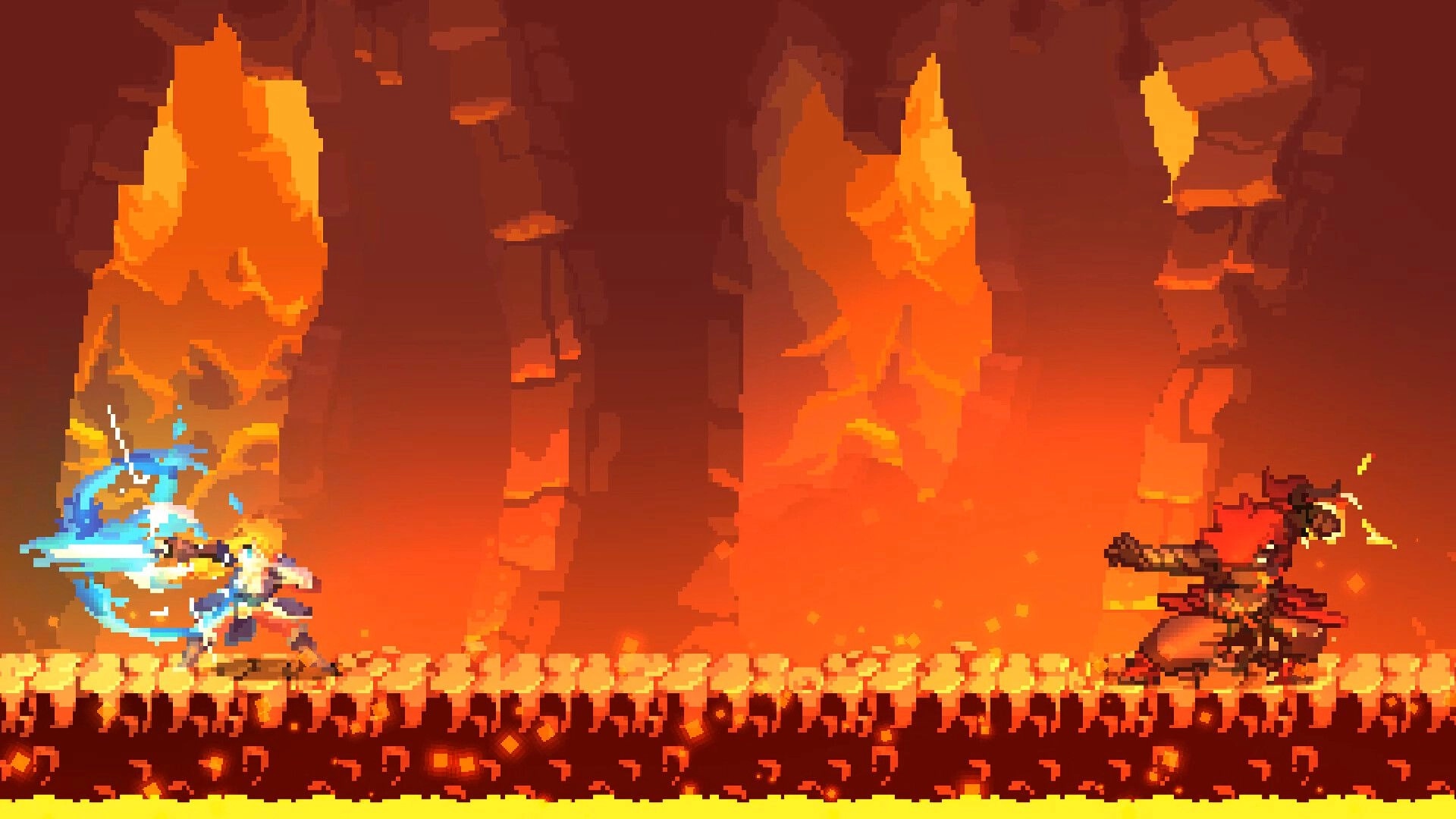 SoulQuest: Intense combat between hero and fiery foe in a molten cavern environment