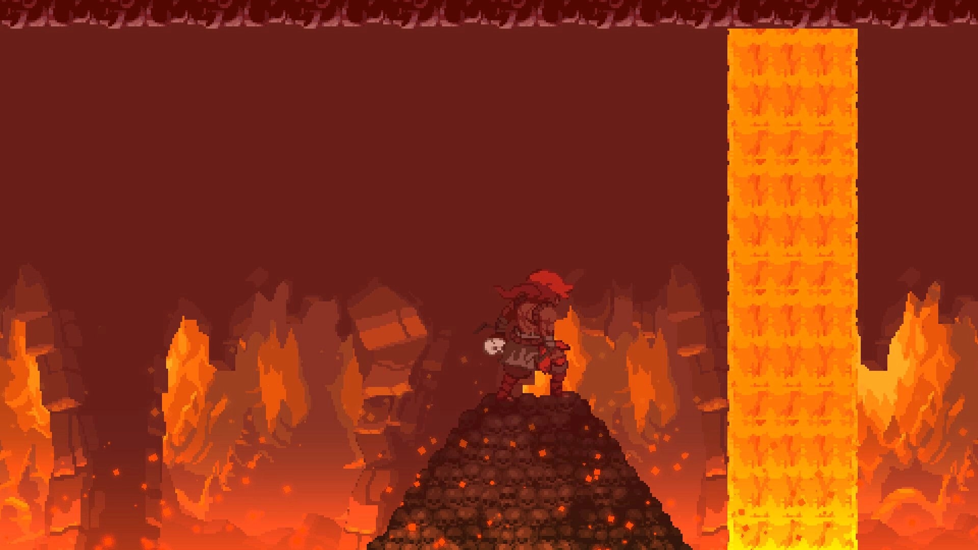 SoulQuest: Hero stands atop skull mound in fiery cavern with glowing lava fall in background