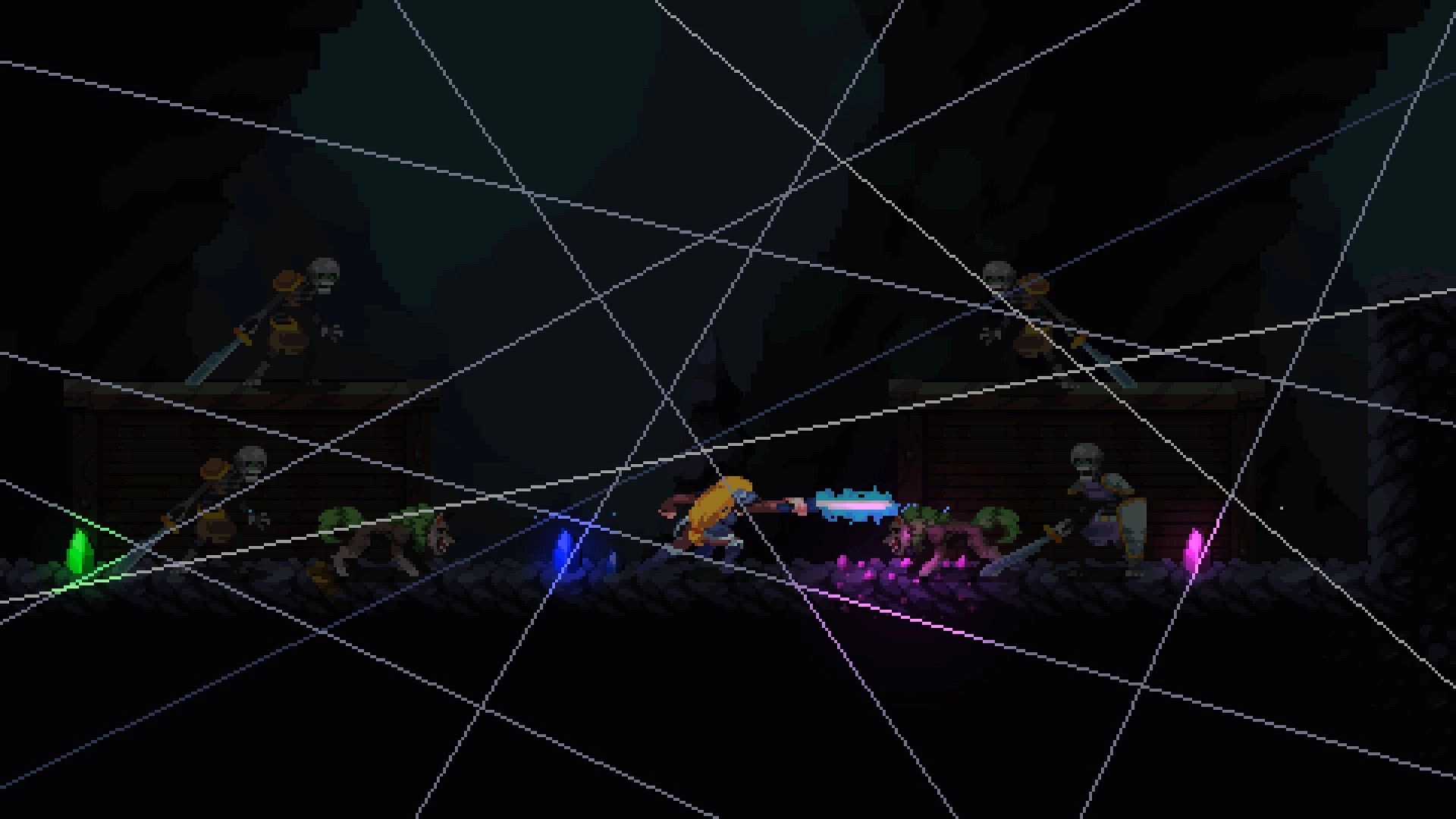 SoulQuest: Hero battles skeletons with glowing sword in dark cave surrounded by colorful crystals