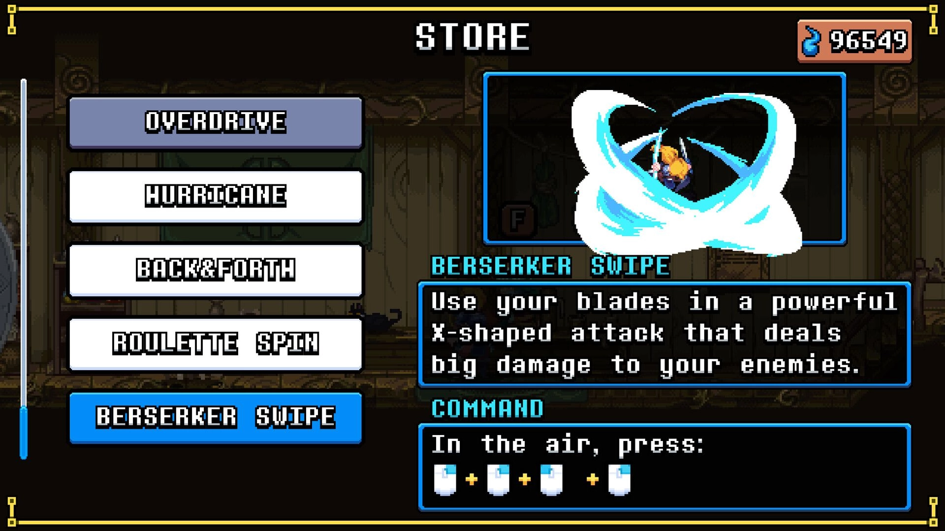 SoulQuest: Skill selection screen featuring Berserker Swipe move with attack description and commands