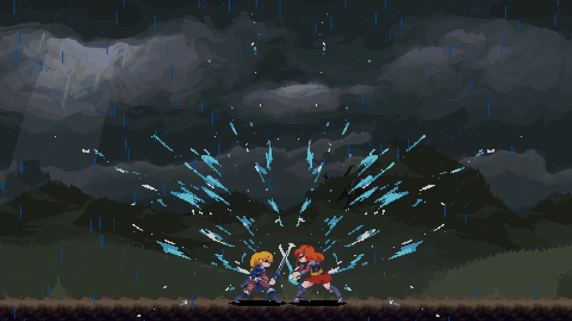 SoulQuest: Two characters clash swords under a stormy sky with lightning and rain in a dark forest.