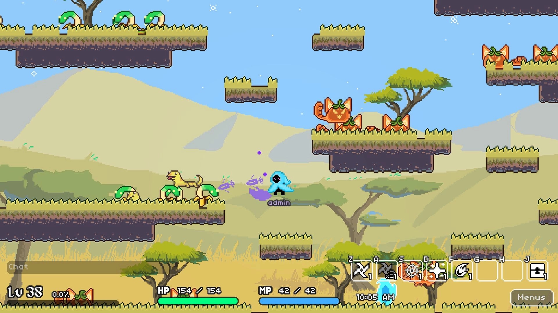 Soul's Remnant: Admin character battles creatures in a grassy platformer landscape with UI elements visible.