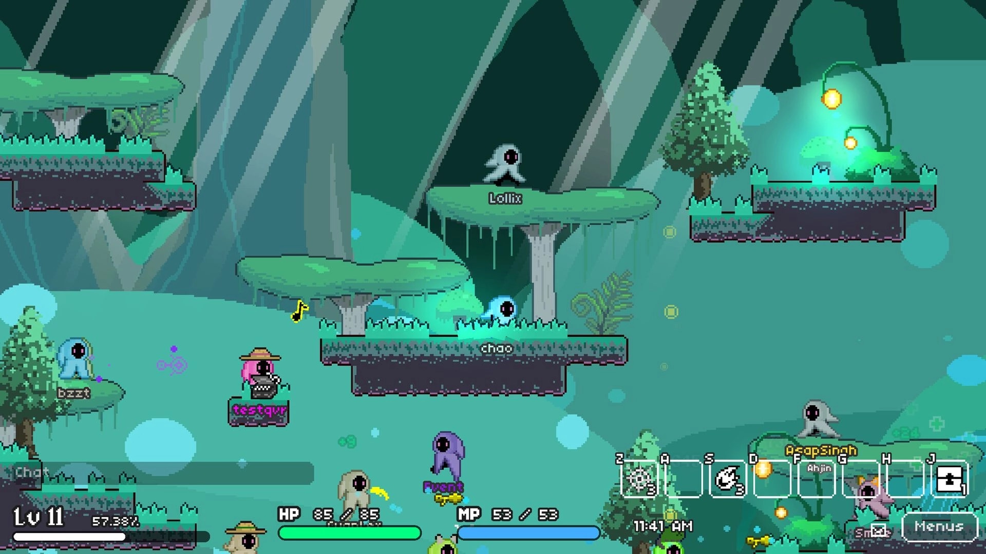Soul's Remnant: Multiple players explore a lush forest platform with bright glowing plants and UI elements.