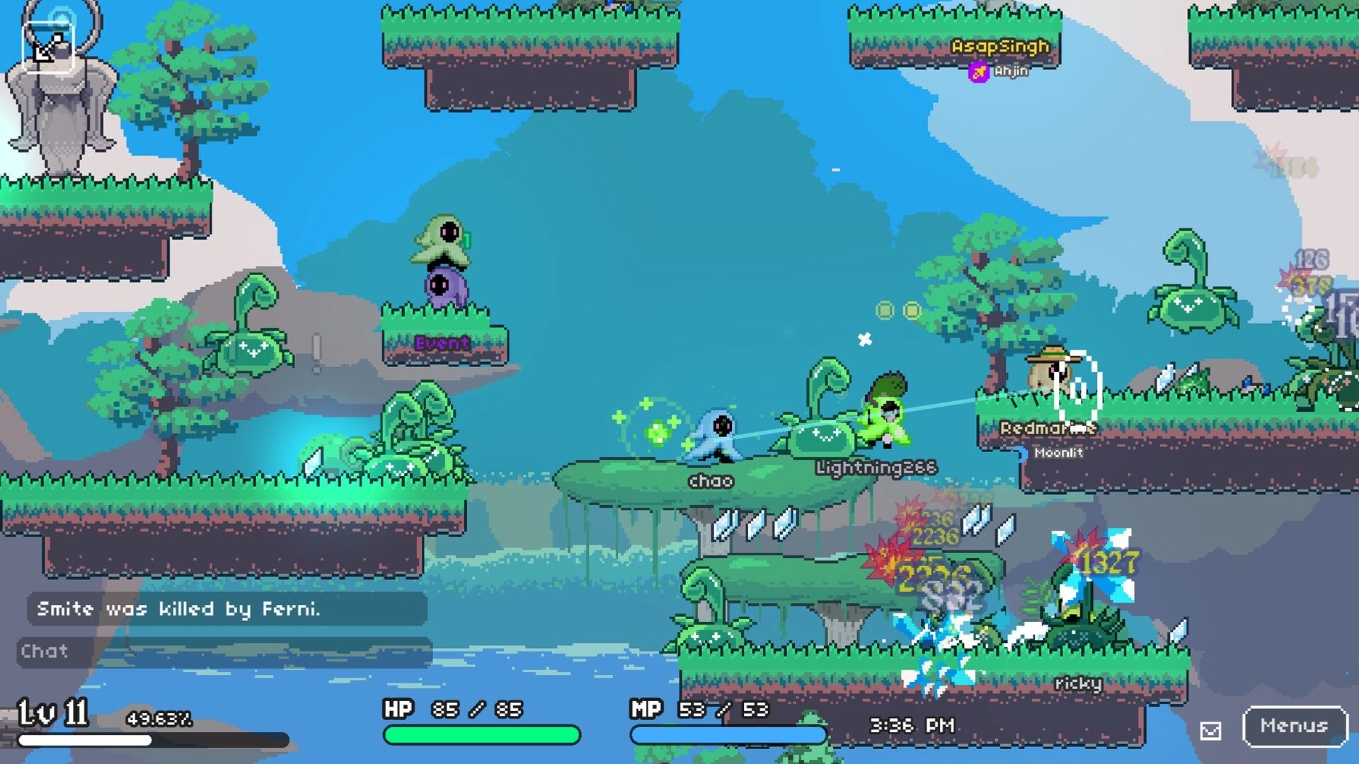 Soul's Remnant: Players Chao and Lightning286 battle plant creatures in lush forest platforms.