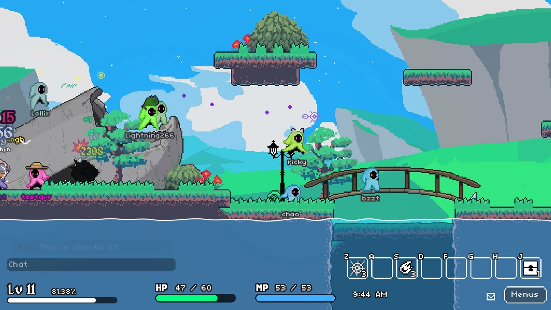 Soul's Remnant: Players battle colorful creatures on grassy platforms with inventory and chat UI visible.