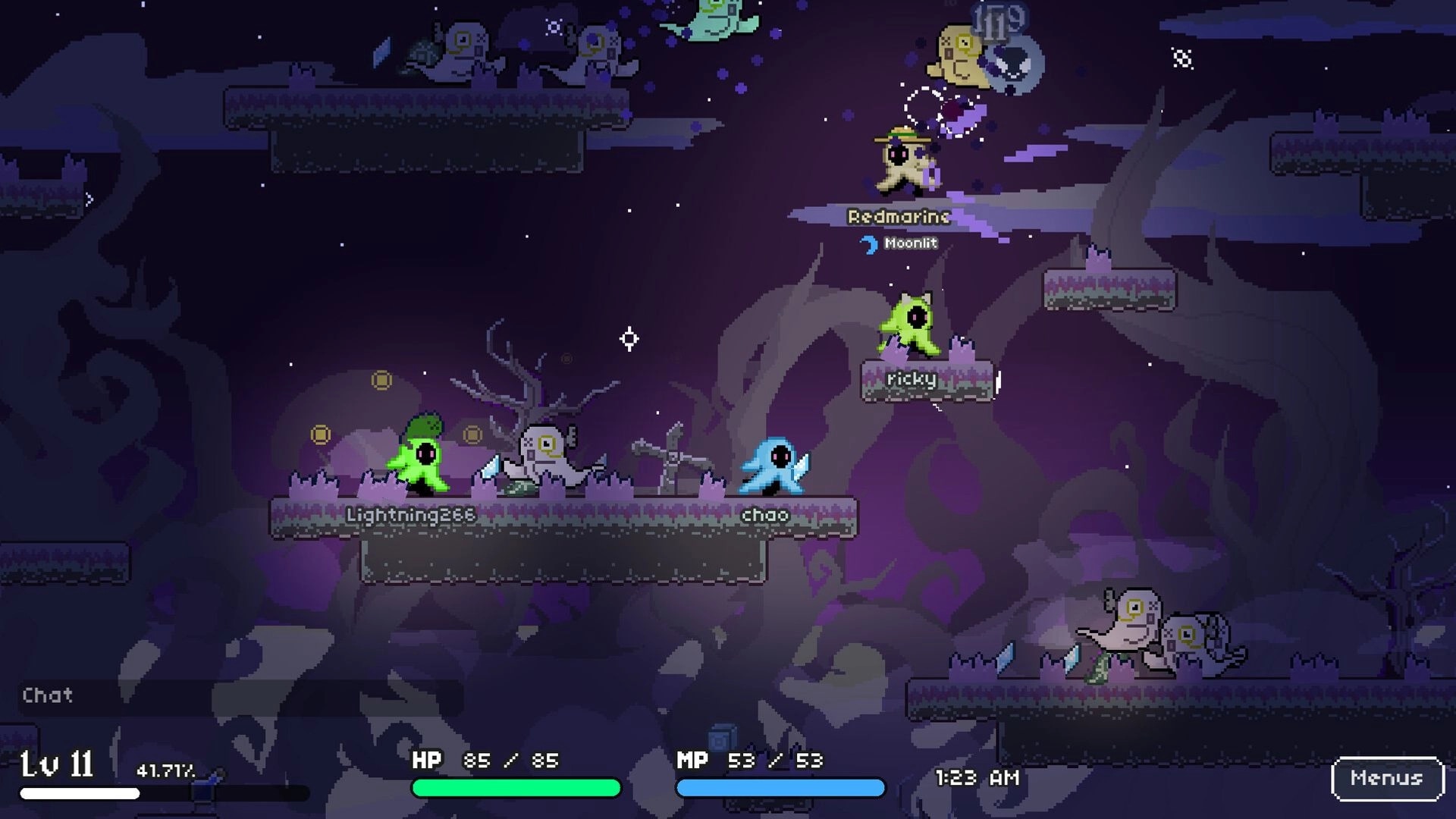 Soul's Remnant: Players explore a mystical, purple-hued forest with platforms and glowing characters.