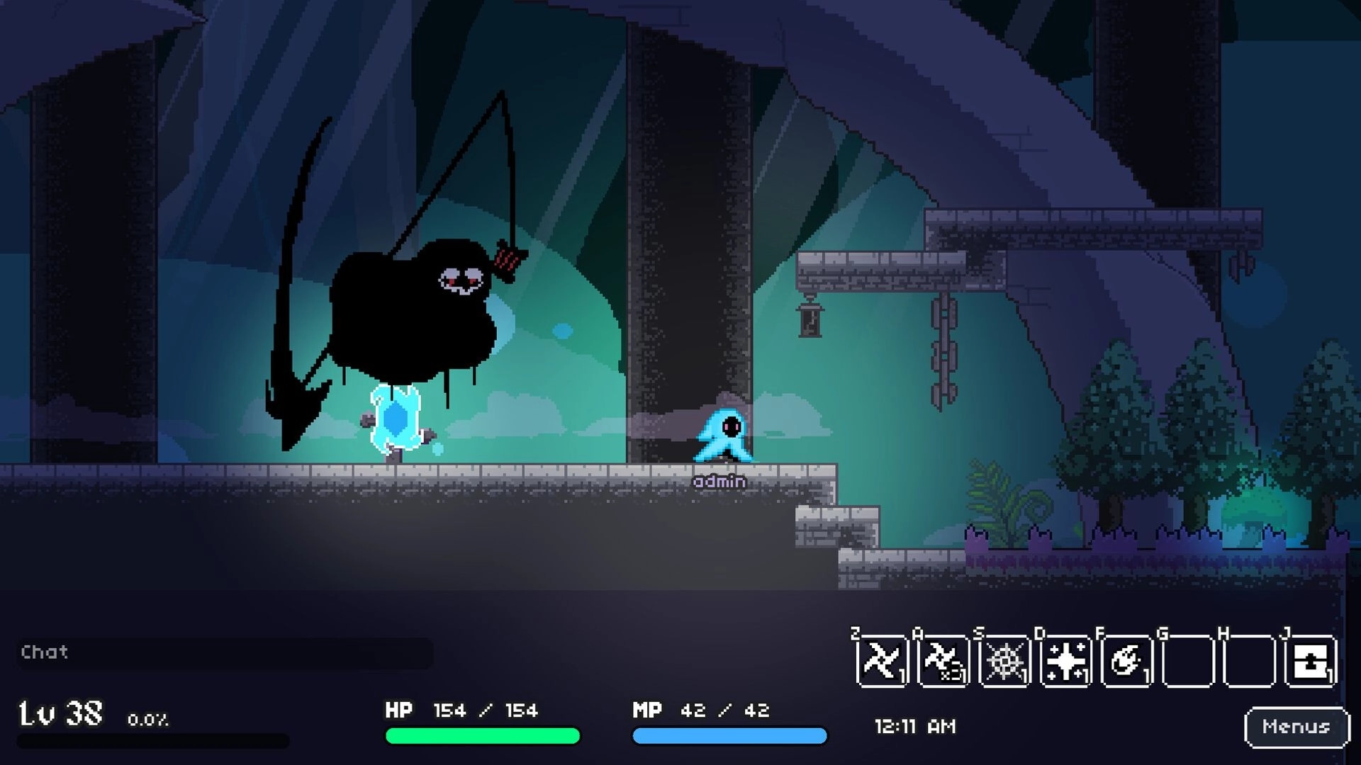 Soul's Remnant: Player confronts shadowy enemy in dungeon with character stats and ability bar visible