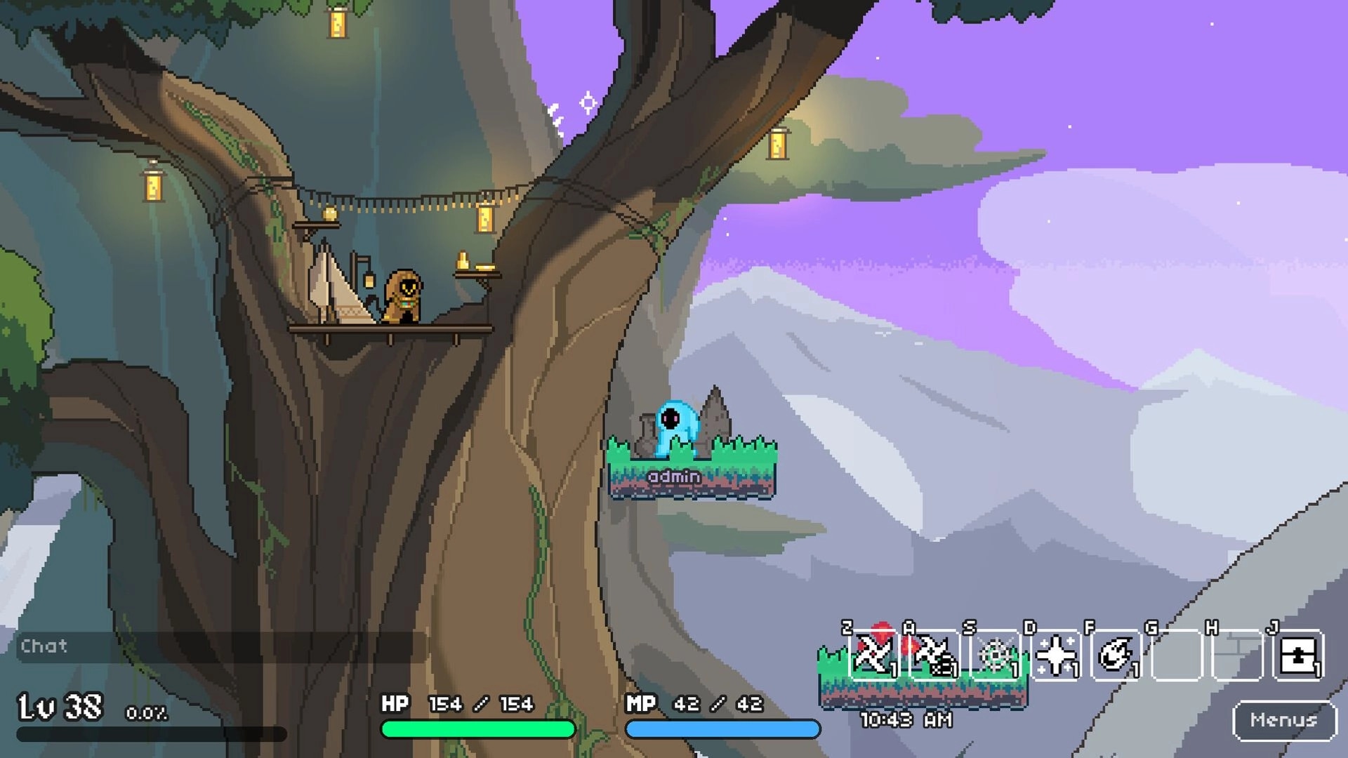 Soul's Remnant: Character on a wooden platform in a giant tree, overlooking mountains and HP/MP bars.