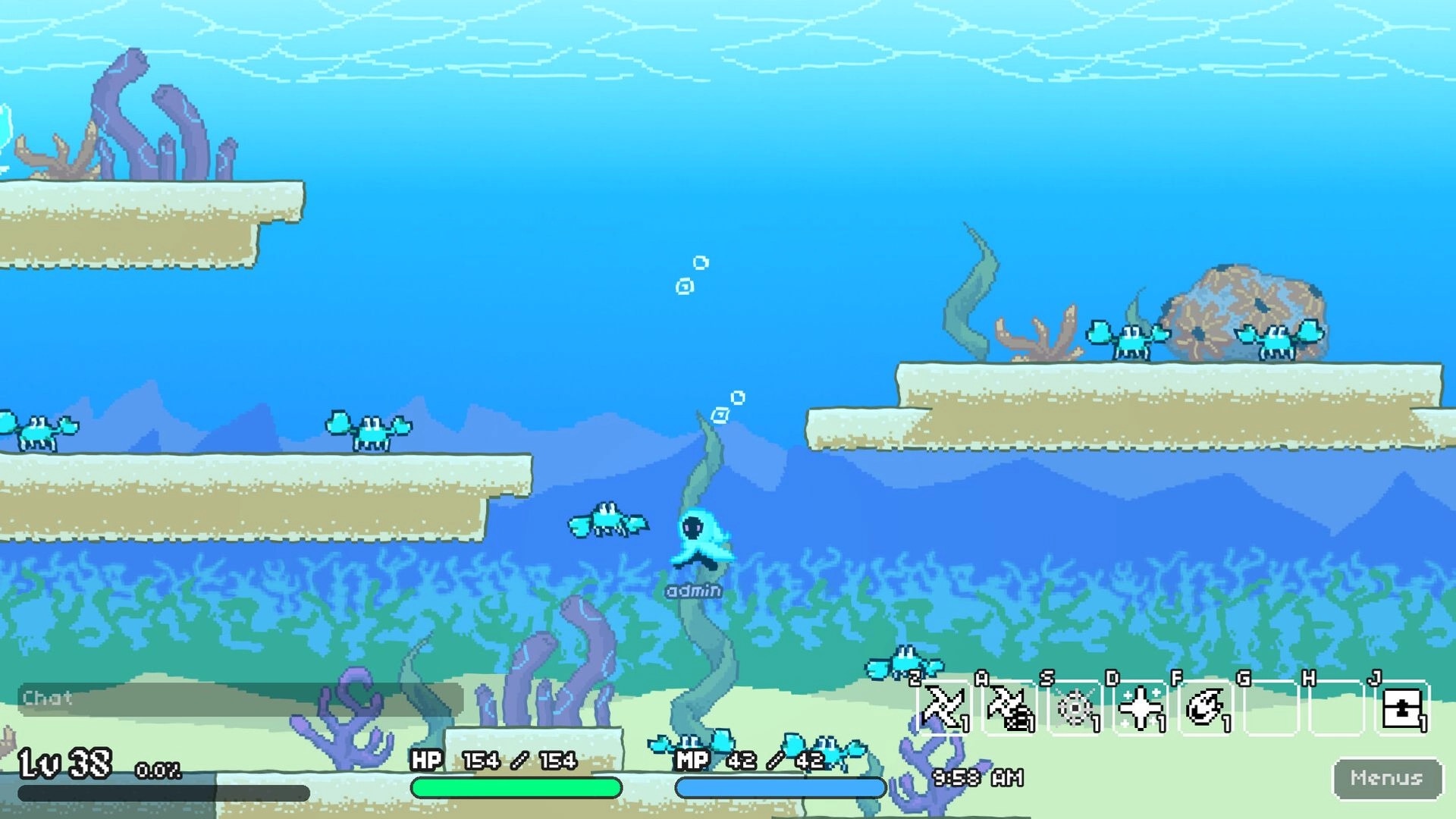 Soul's Remnant: Player swims with crabs in an underwater level, displaying HP and skill bar UI elements.