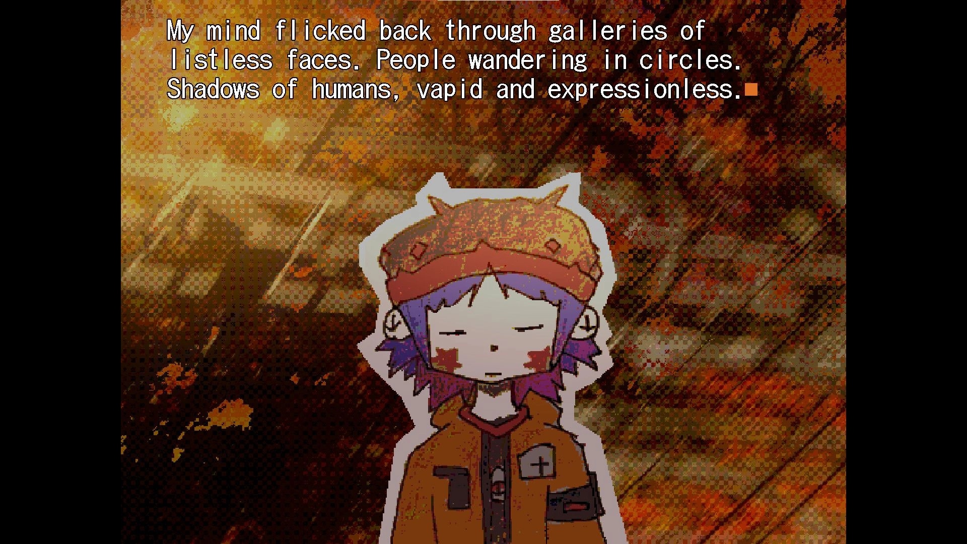 soulstation: Dialogue text over a sleepy purple-haired girl in an orange jacket on a blurred road backdrop.