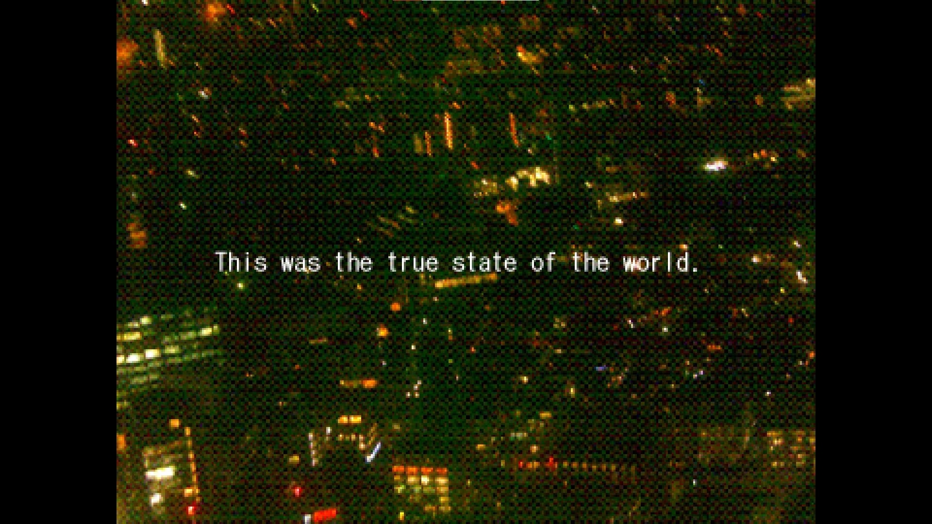soulstation: White narration text over glitchy green-orange static field abstract dreamlike backdrop.