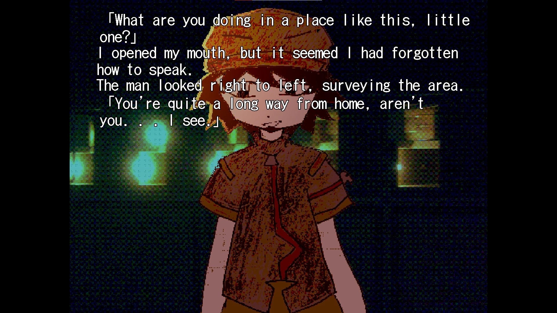 soulstation: Dialogue text over a child in a cap facing forward in a dim room with glowing windows.