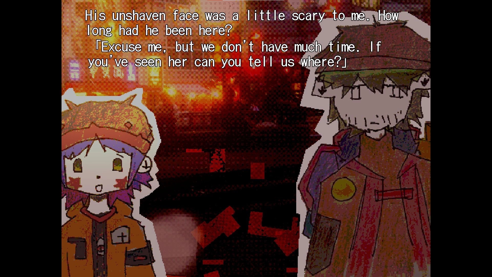 soulstation: Dialogue text over two drawn characters in hats against a blurry red-lit street scene.