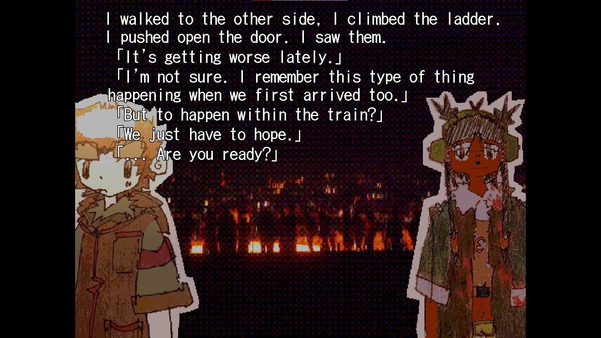 soulstation: Dialogue text over two characters beside a distant burning city at night backdrop.