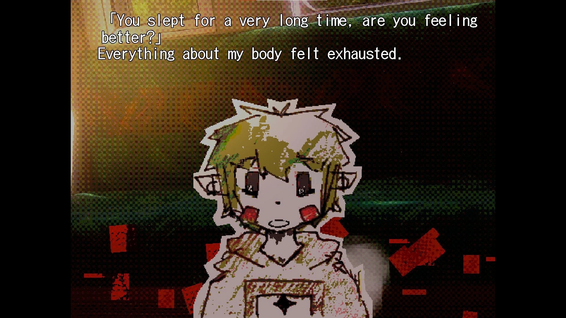 soulstation: Dialogue text over a worried character portrait in a dim, grainy corridor setting.