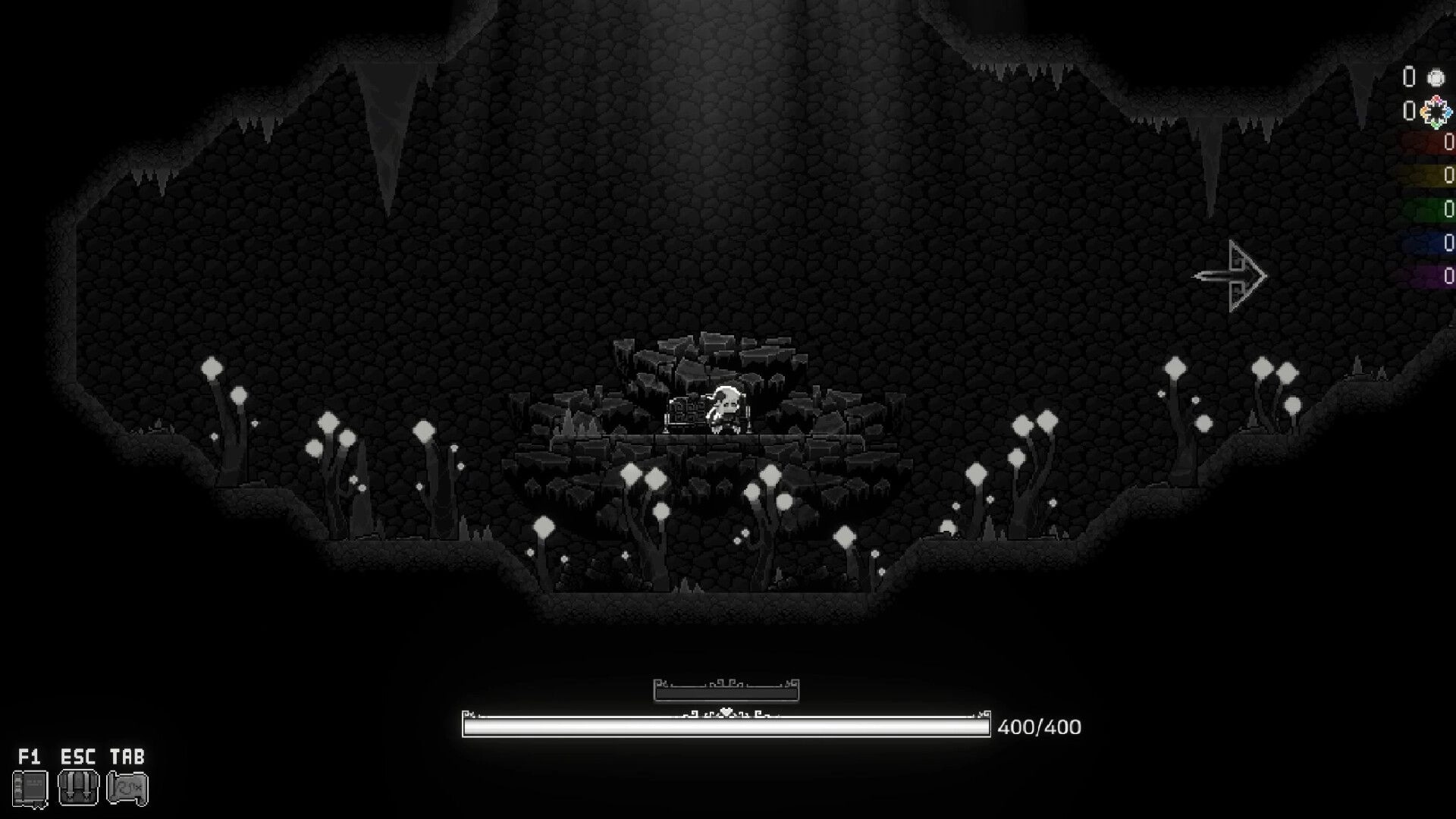 SoulWander: The Fade stands by a chest in a dark cave with glowing plants and a health bar displayed.
