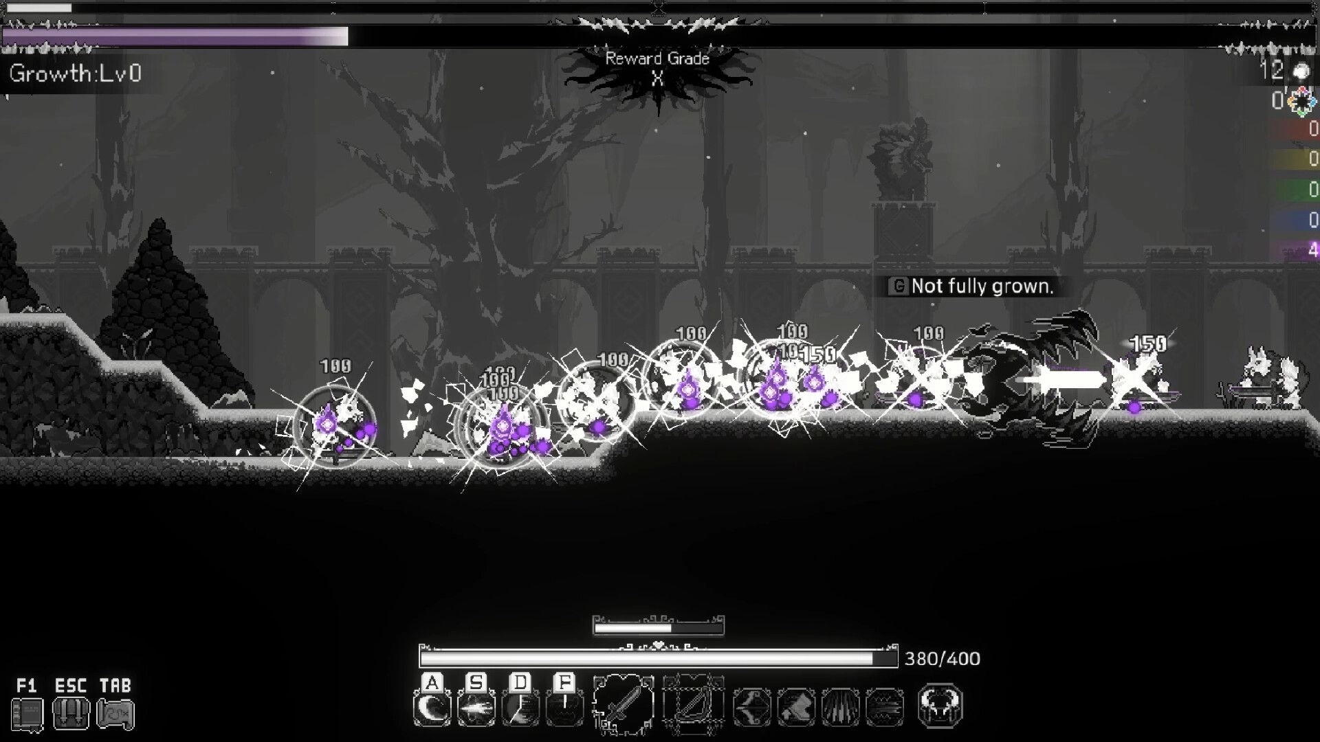 SoulWander: Combat scene with player attacking enemies in a dark, monochrome forest environment.