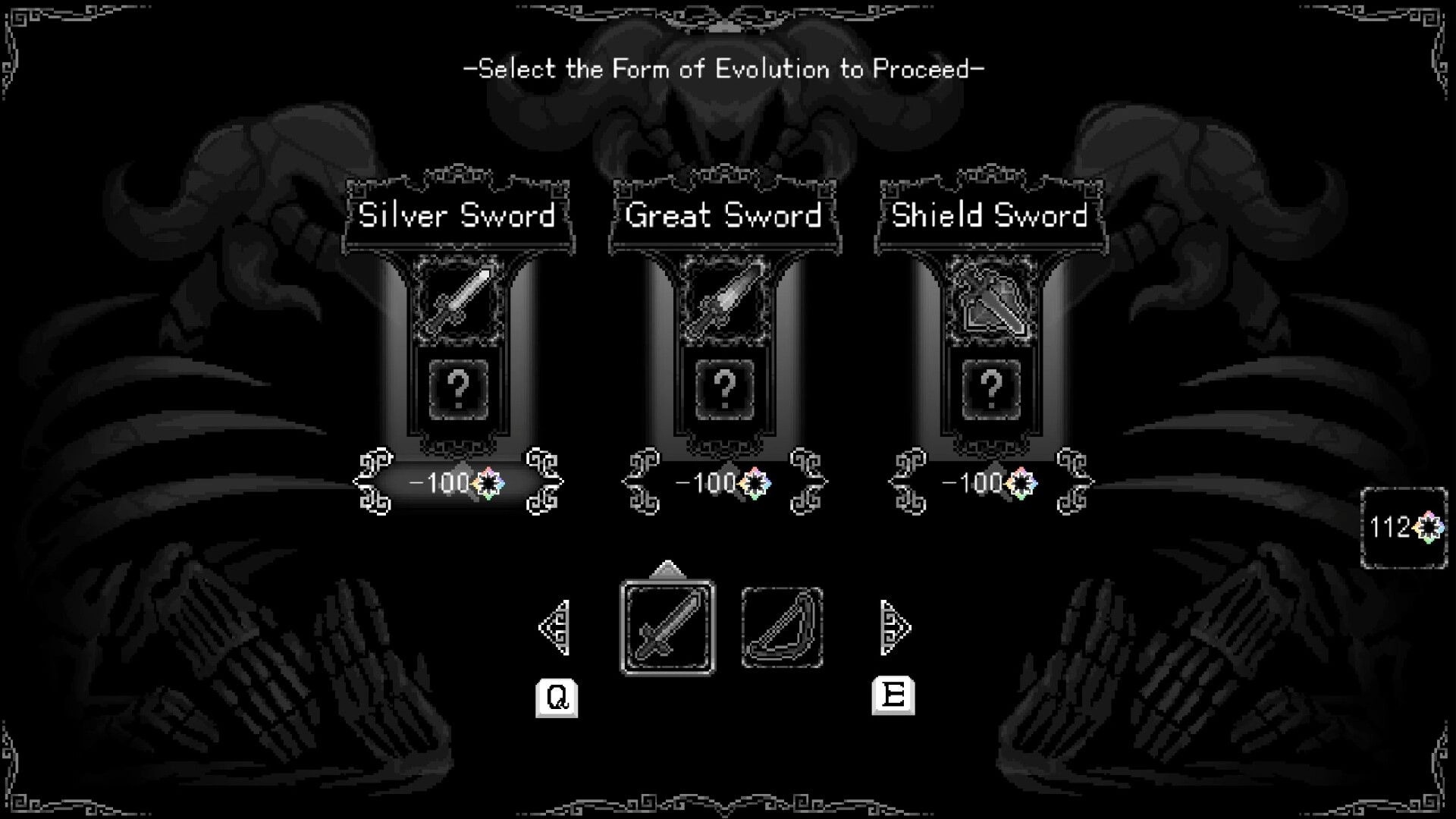SoulWander: Evolution selection screen with options for Silver Sword, Great Sword, and Shield Sword