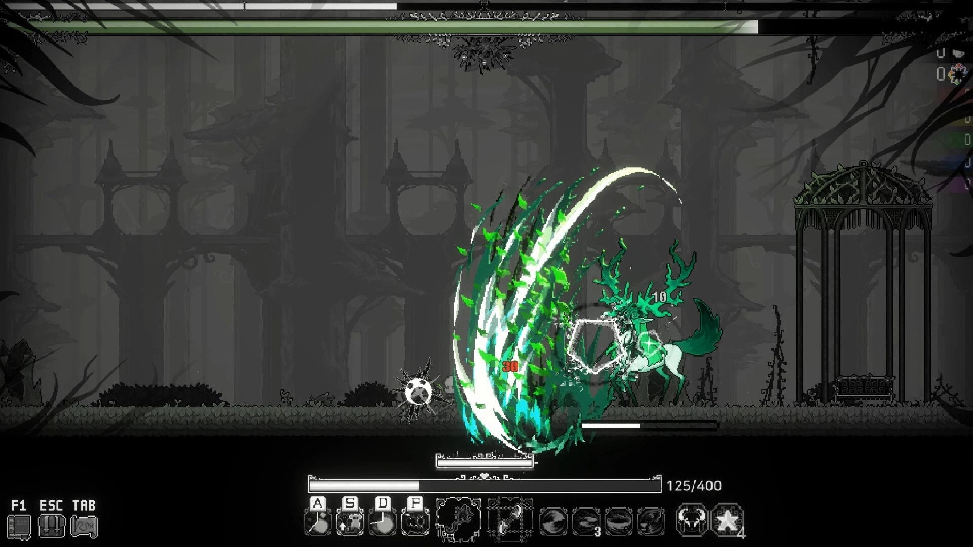 SoulWander: The Fade attacks a green antlered creature in a dark forest with health bar and UI visible.