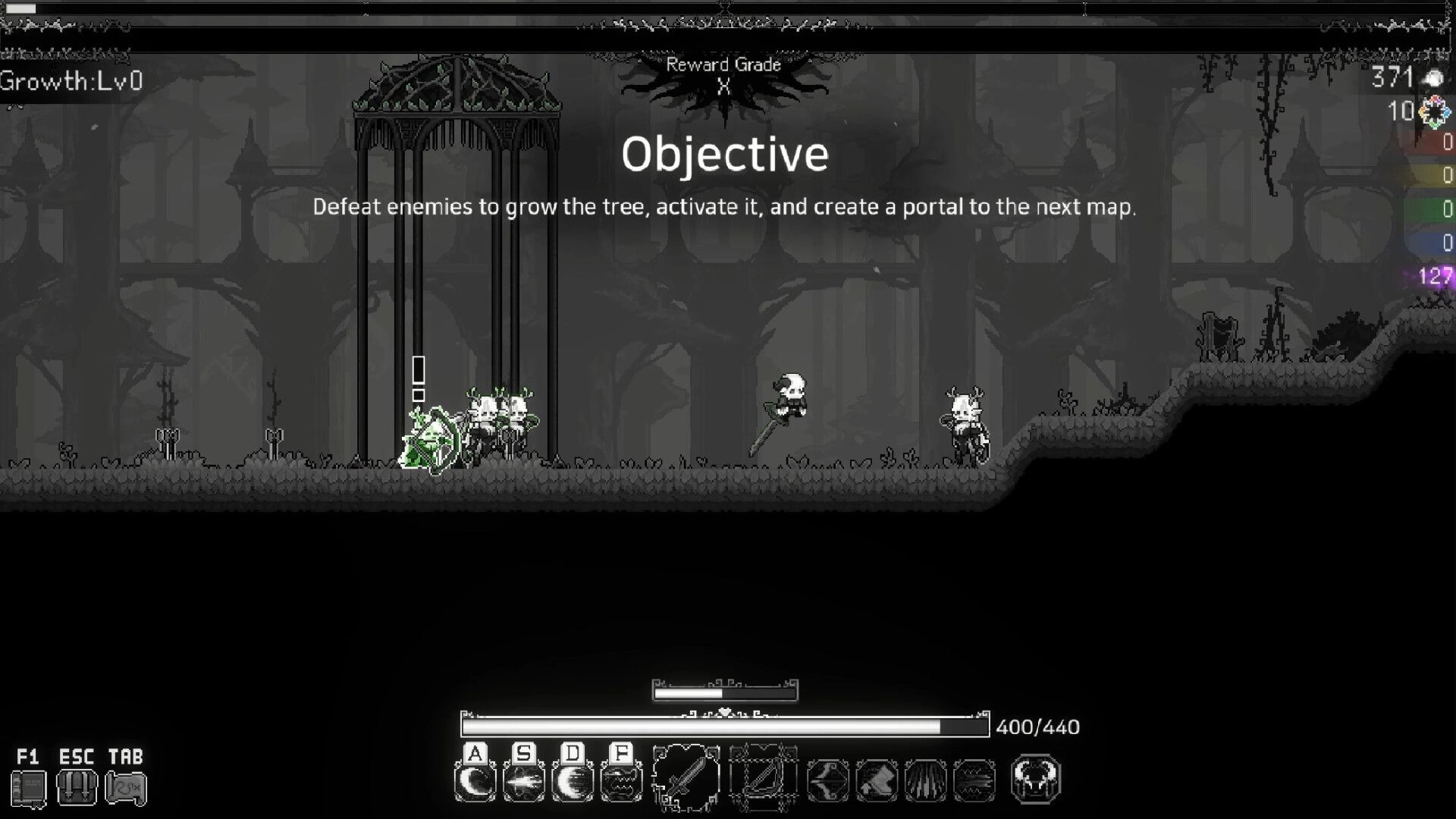 SoulWander: The Fade fights skeletons in a monochrome forest with objective and health bar displayed.