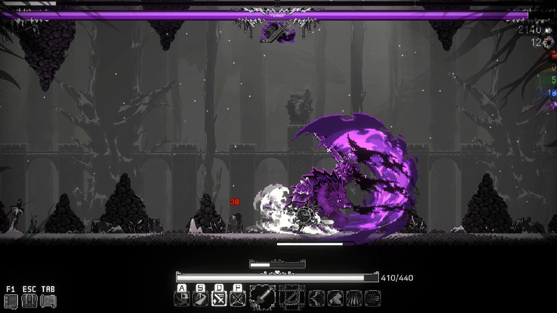 SoulWander: The Fade battles a purple beast in a dark forest with UI health and skill bars visible