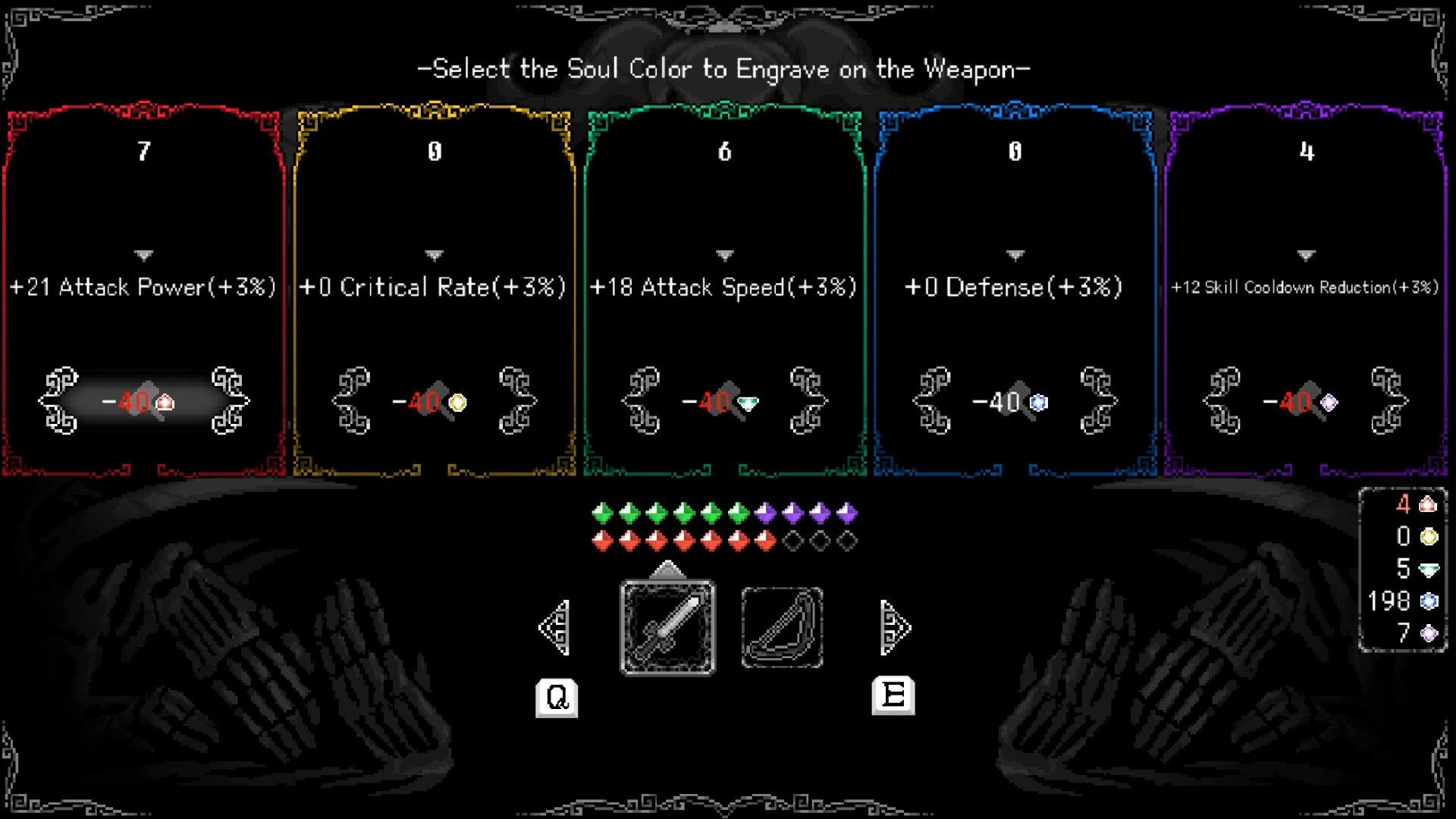SoulWander: Weapon engraving menu with options for attack power, defense, and skill cooldown reduction.