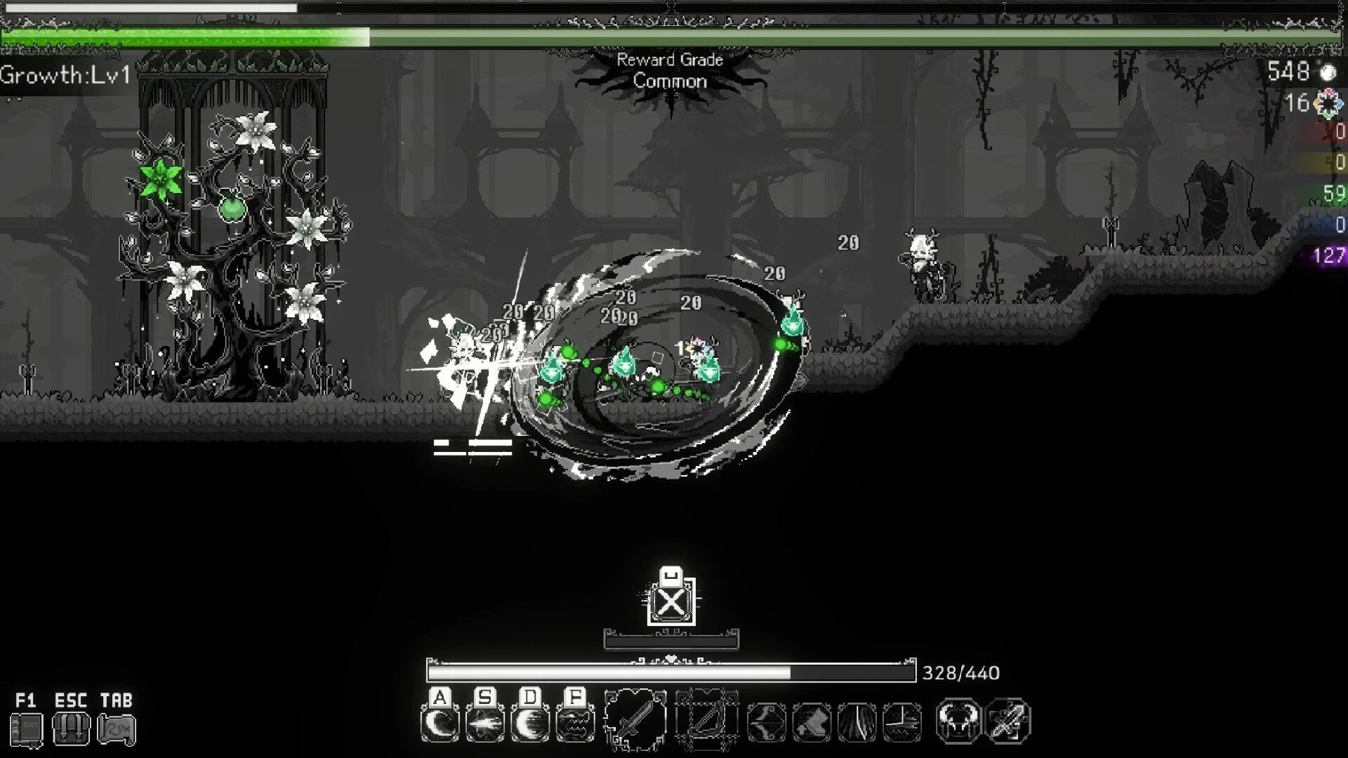 SoulWander: The Fade uses a swirling attack against enemies near a colorless tree in a dark forest.