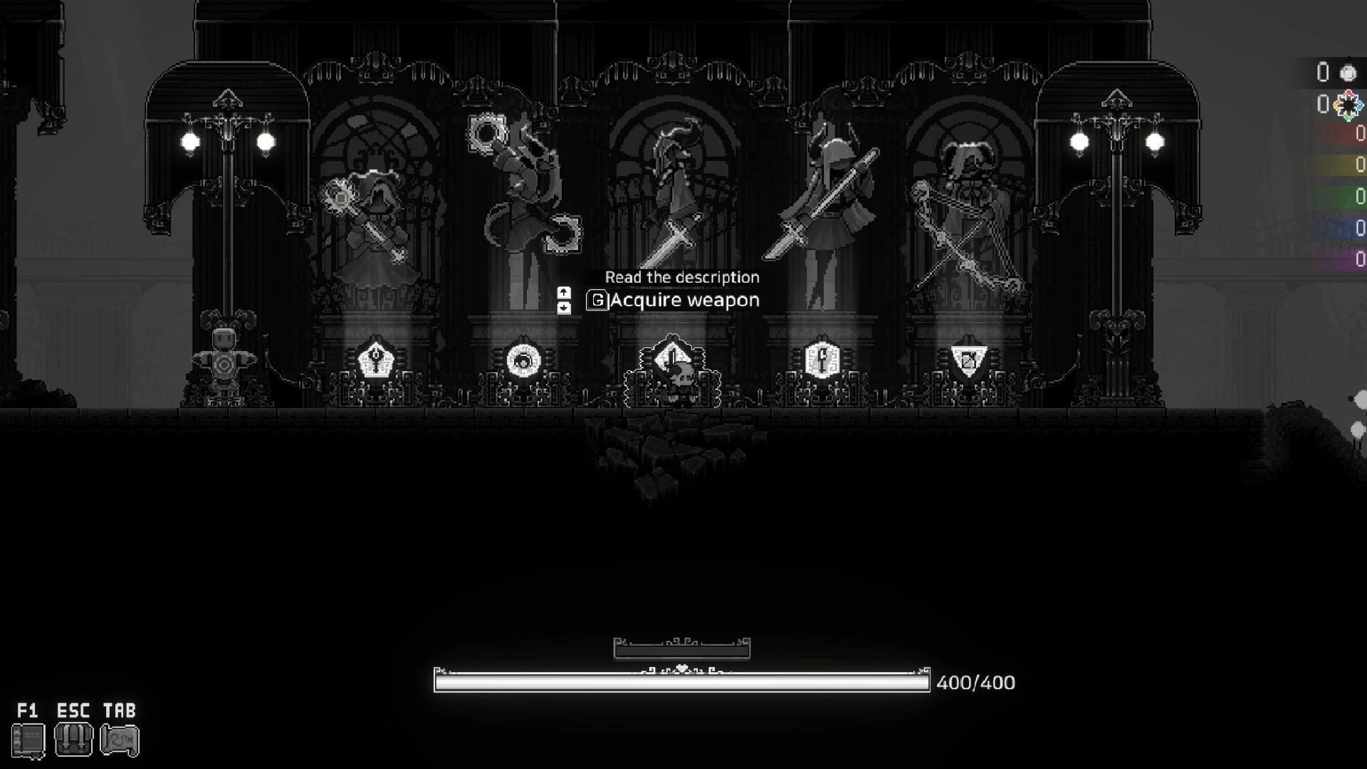 SoulWander: Weapon selection room with various options and HUD displaying health and color meter