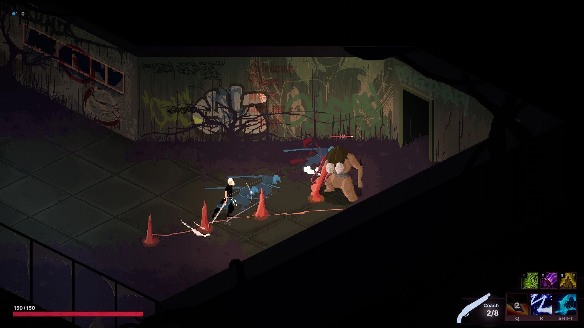 Sova: Player battles a large creature in a graffiti-covered alley, using abilities from the action bar.
