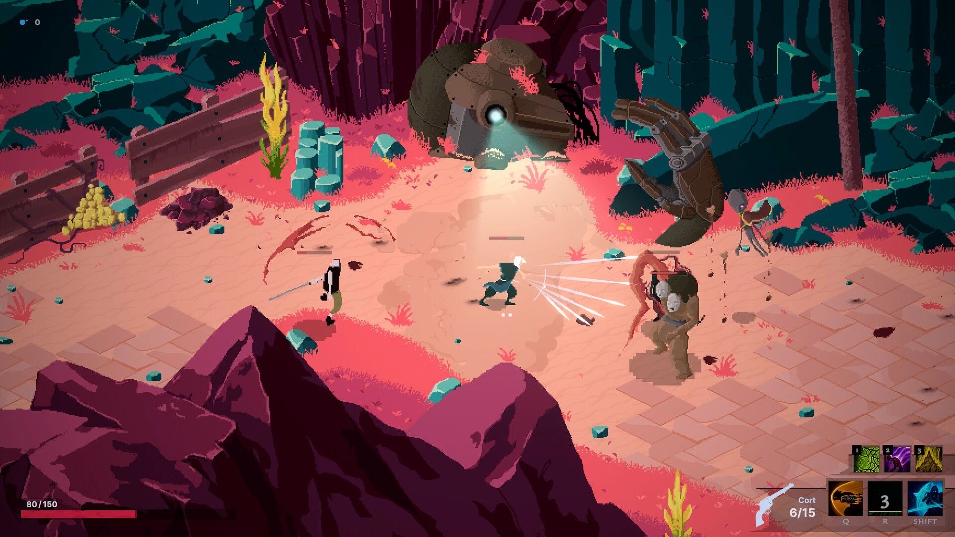 Sova: Player character engaged in combat with enemy creatures in an alien desert landscape