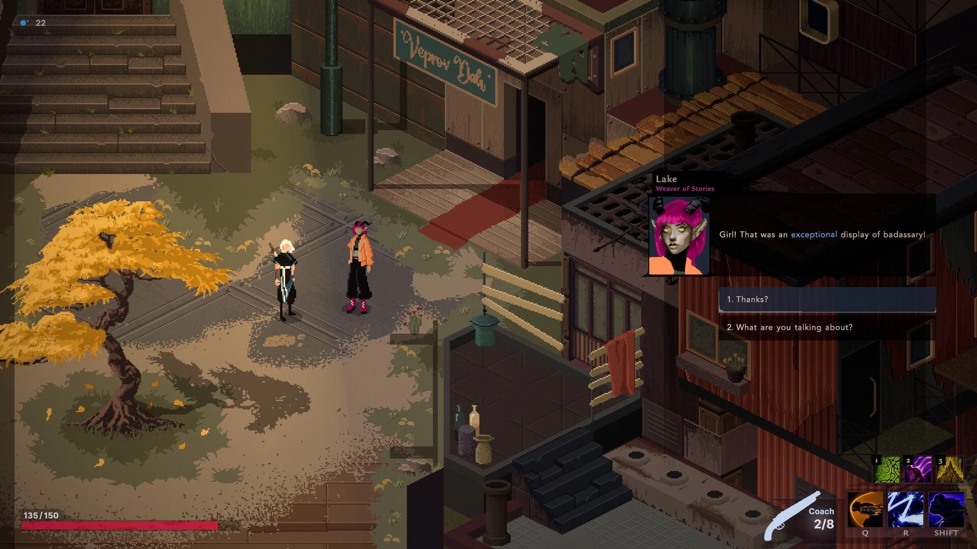 Sova: Characters converse near a shop with dialogue options and health bar visible in a pixel art town.