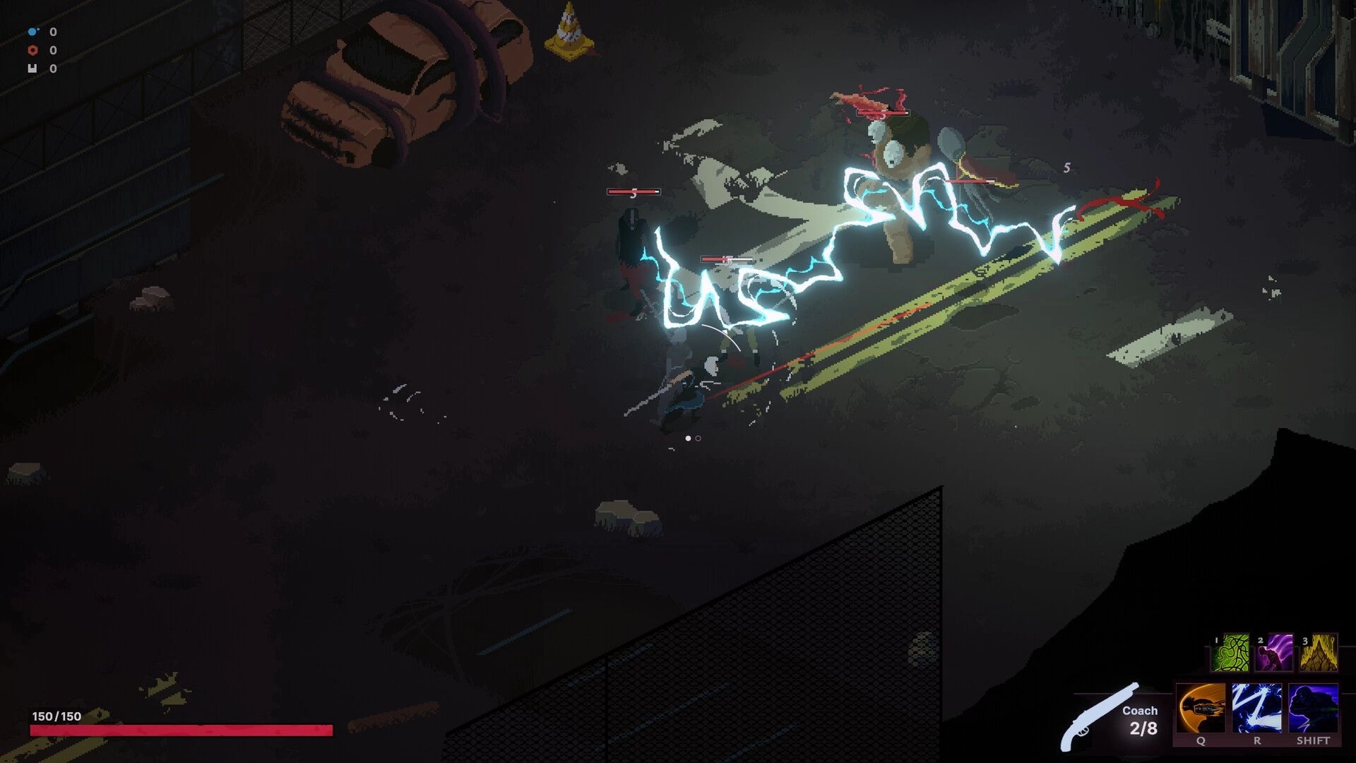 Sova: Electrifying combat with enemies in a dark, industrial environment, HUD showing health and skills.