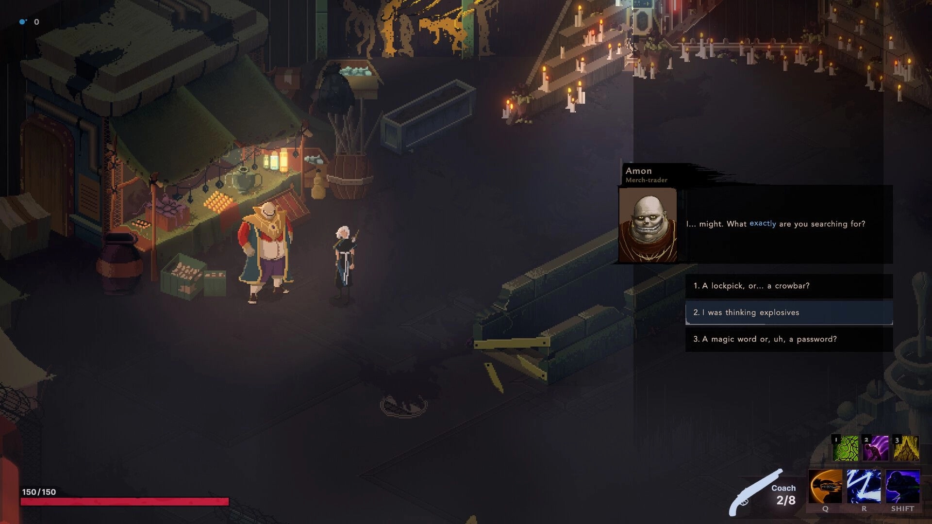 Sova: Merchant dialogue with options and a lit market stand in a dimly lit sci-fantasy setting.