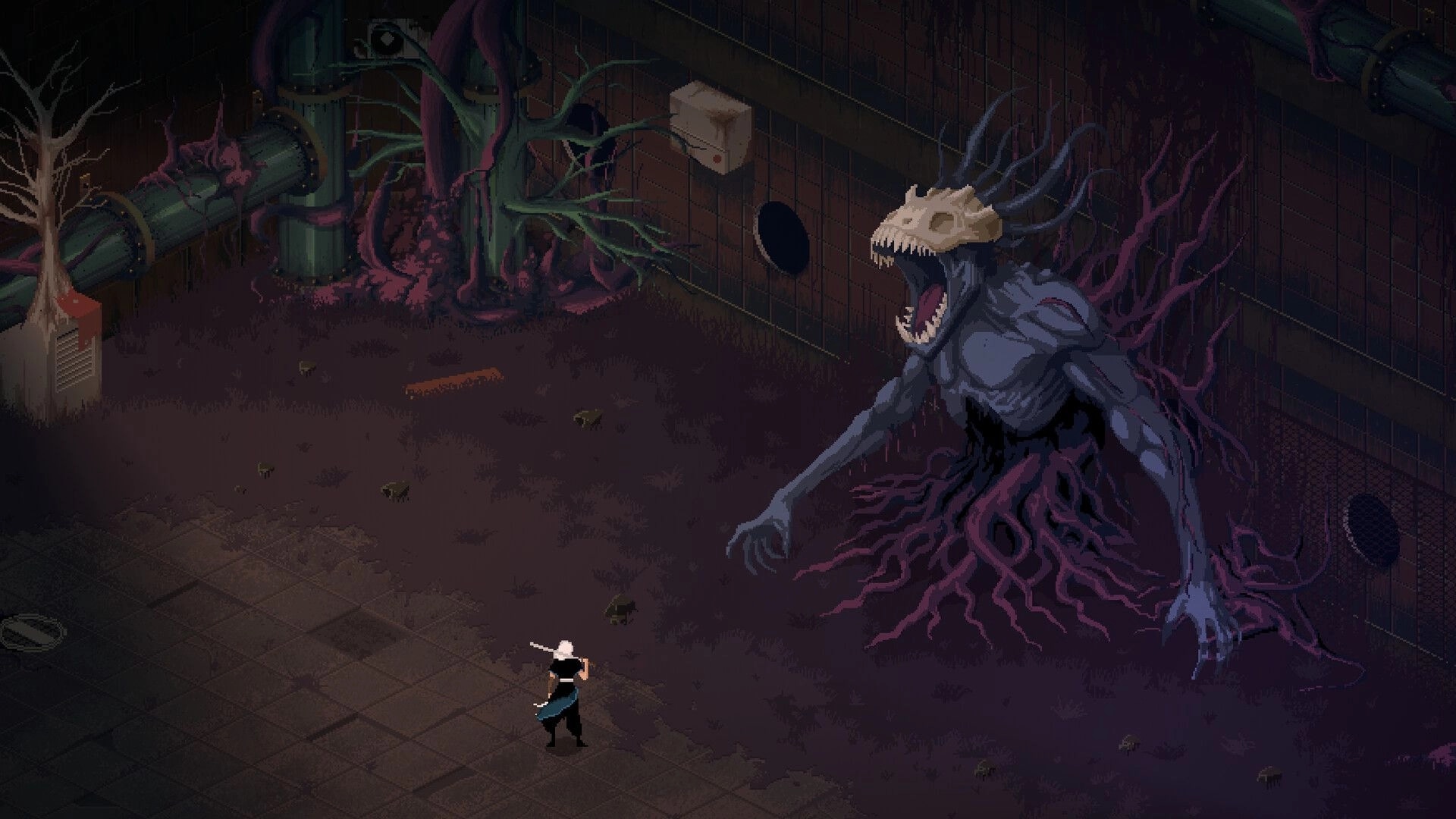 Sova: Player character confronts a large skeletal monster in a dark, overgrown industrial environment.