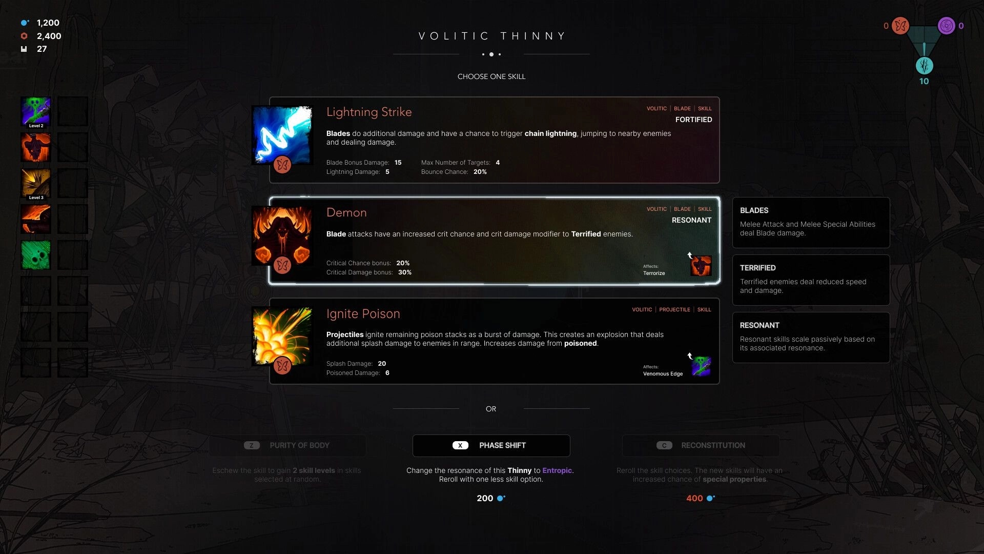 Sova: Skill selection menu displaying options for Lightning Strike, Demon, and Ignite Poison abilities.