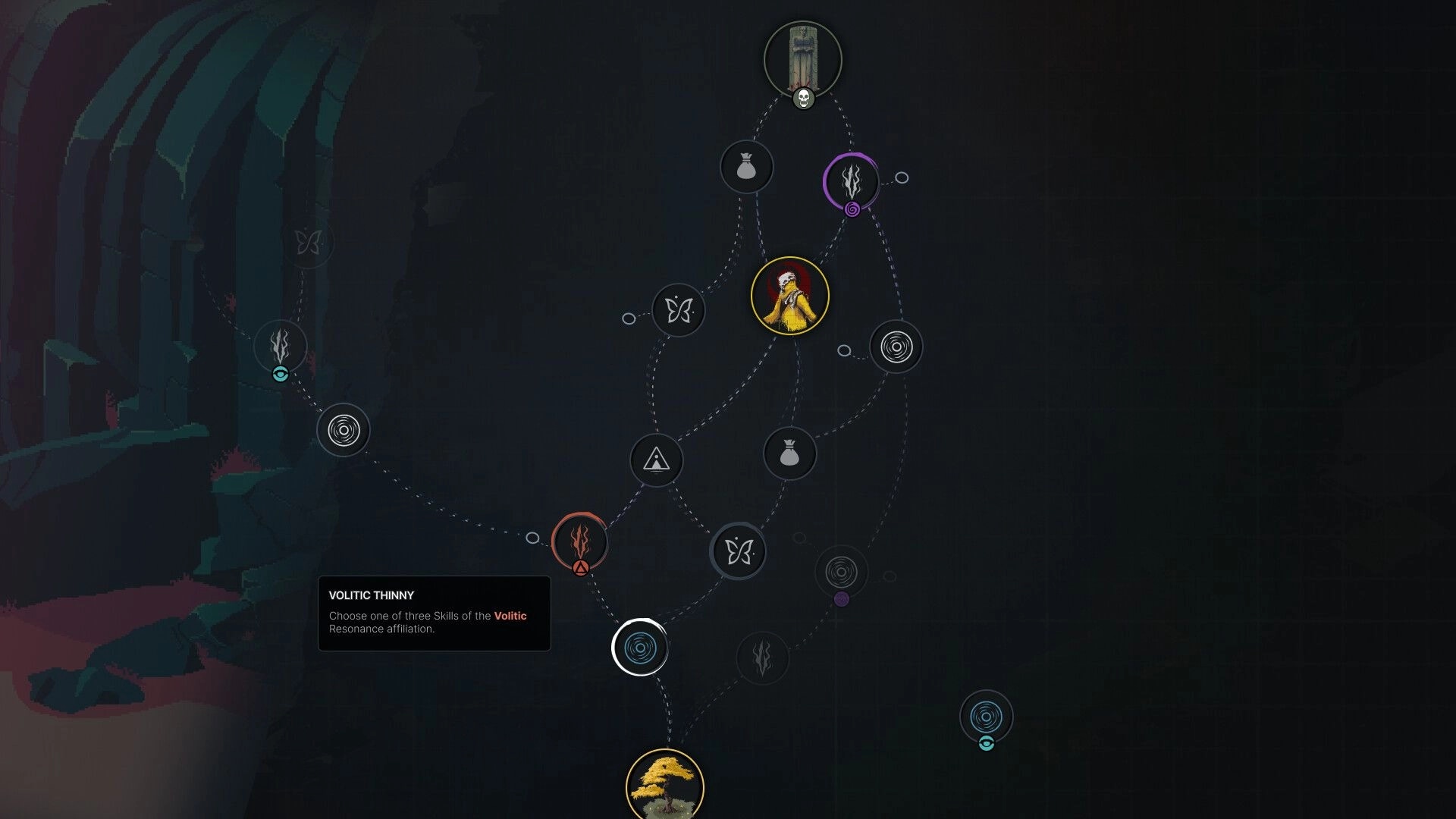 Sova: Skill tree interface with branching paths and icons in a dark, abstract environment