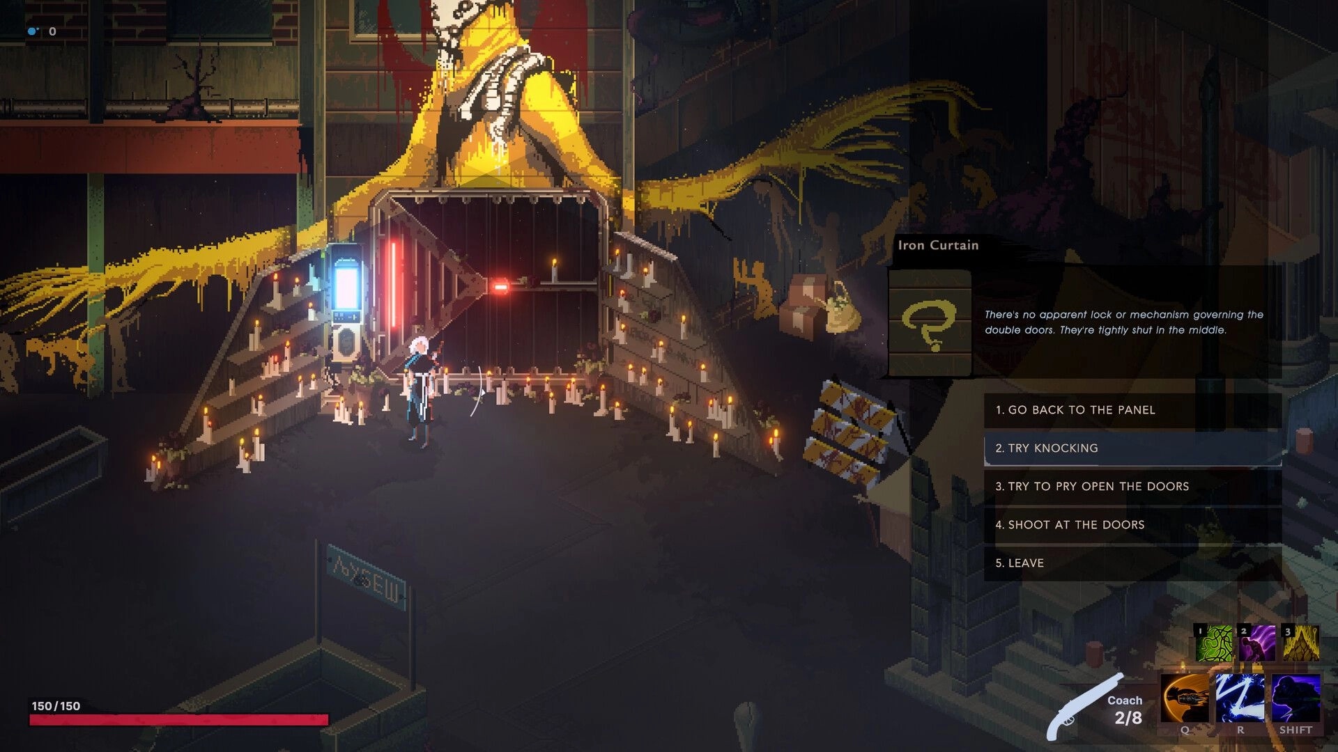 Sova: Character at iron gate with dialogue options, surrounded by candles in dimly lit urban setting